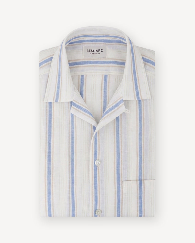 Blauw Multi Stripe Linnen Overhemd Camp Collar