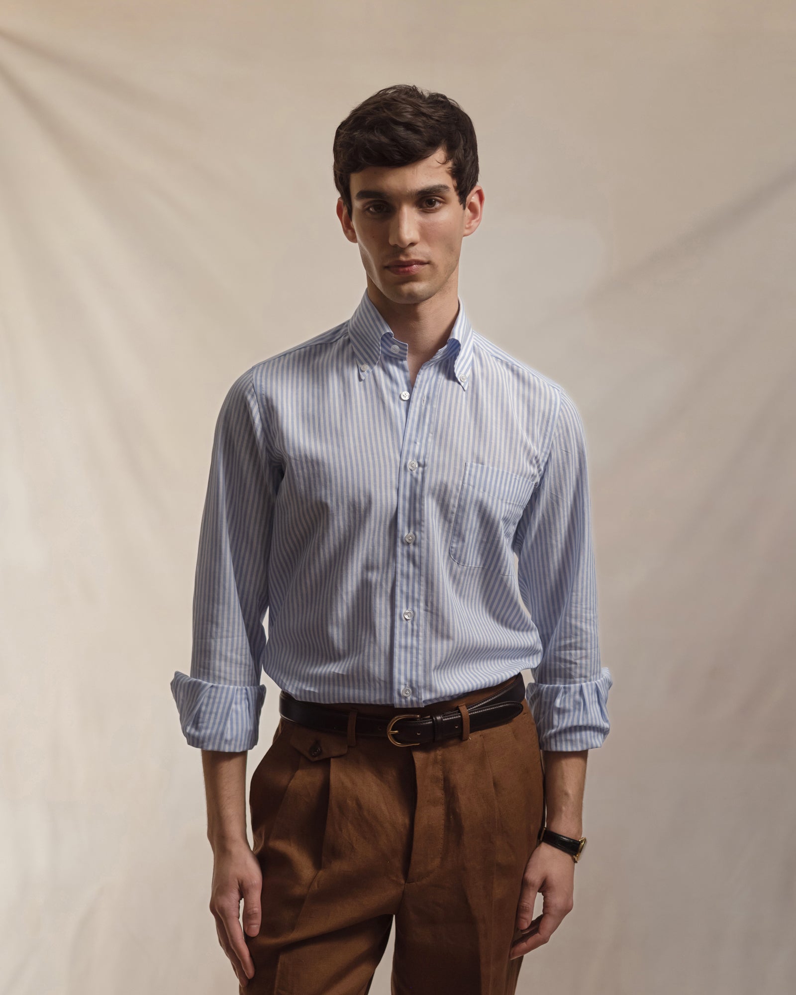 Light Blue Bengal Stripe Cotton Linen Button Down Shirt
