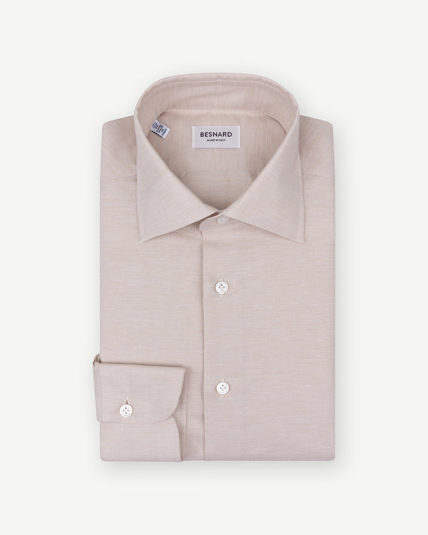 Beige Cotton Linen Spread Collar Shirt