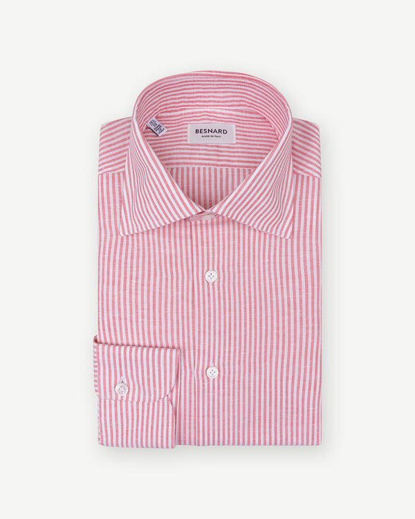 Red Bengal Stripe Cotton Linen Spread Collar Shirt