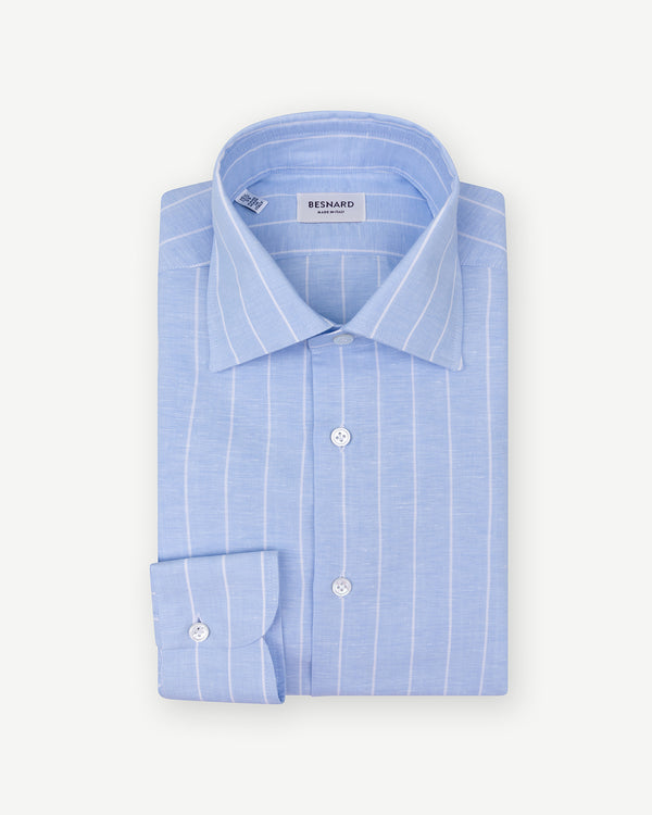 Light Blue Reverse Stripe Cotton Linen Spread Collar Shirt