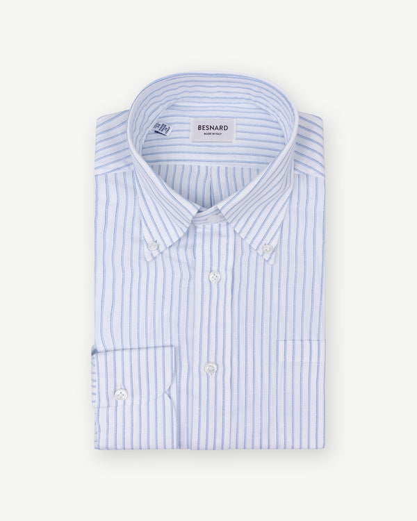 Light Blue Shadow Stripe Cotton Linen Button Down Shirt