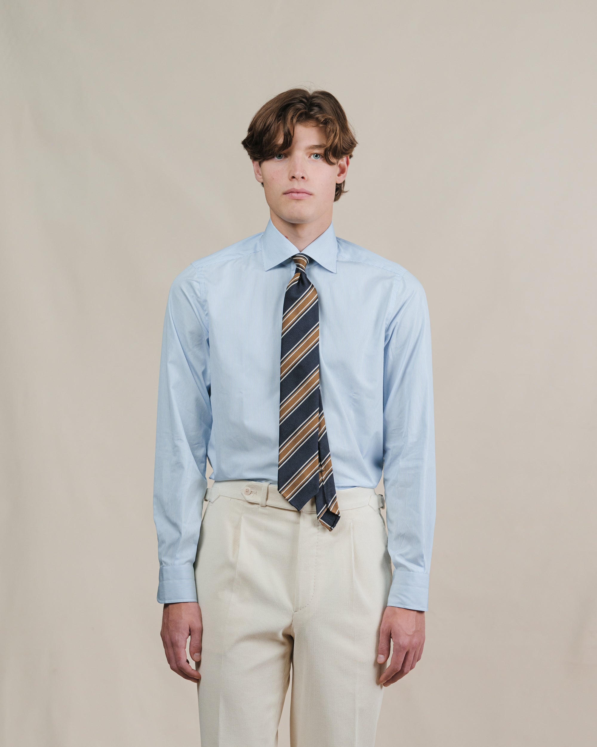 Light Blue Fine Bengal Stripe Poplin Spread Collar Shirt