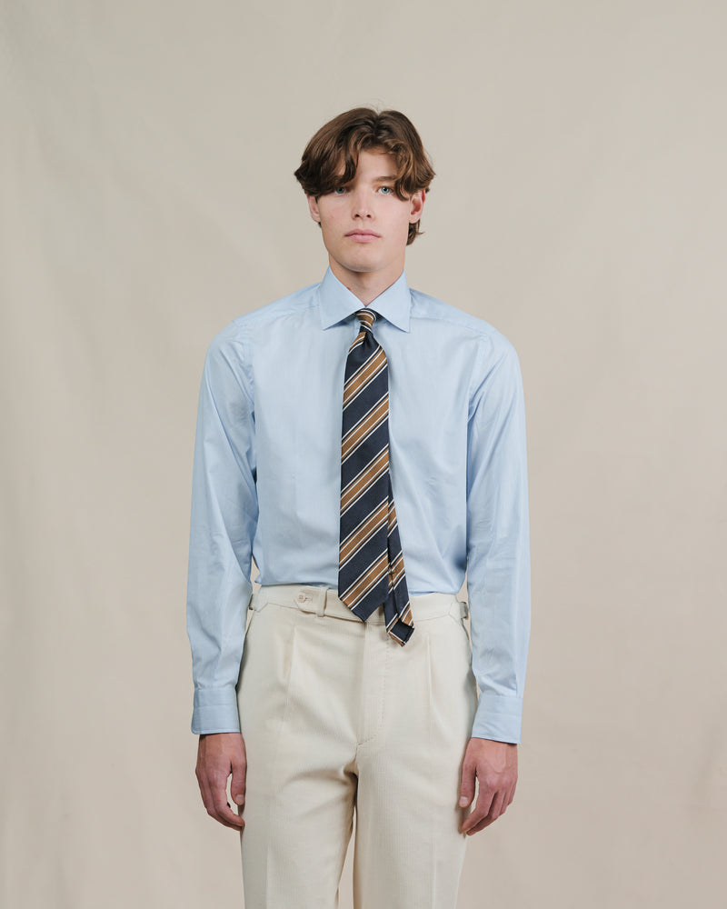 Lichtblauw Fine Bengal Stripe Poplin Overhemd Spread Collar