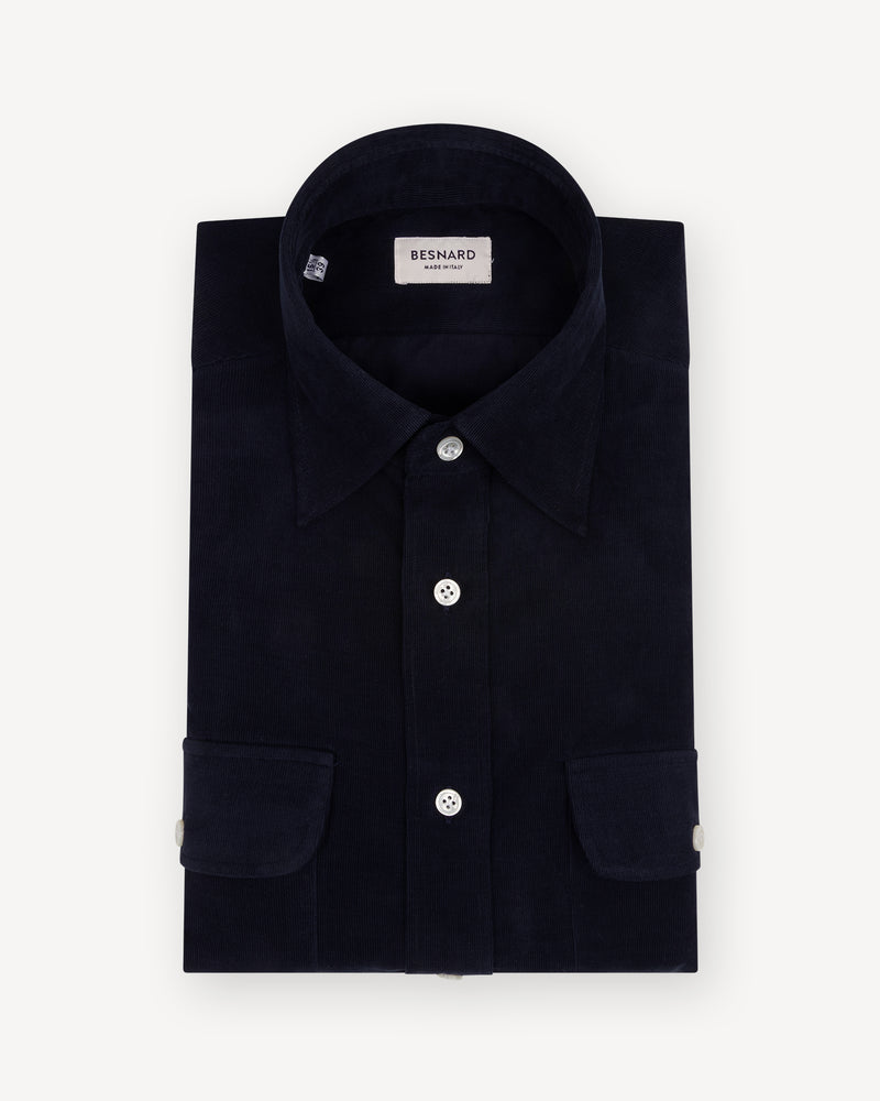 Marineblauw Corduroy Overhemd Two Pocket