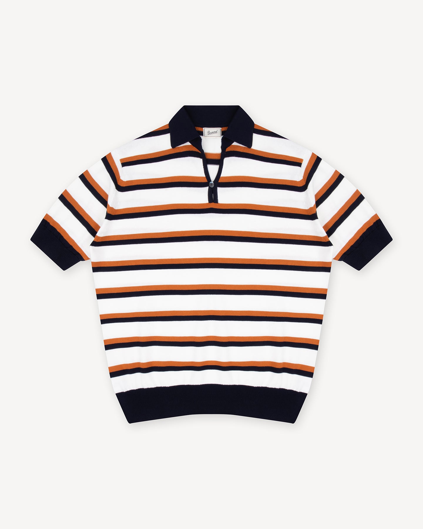 White, Caramel and Navy Striped Cotton Skipper Polo | Besnard