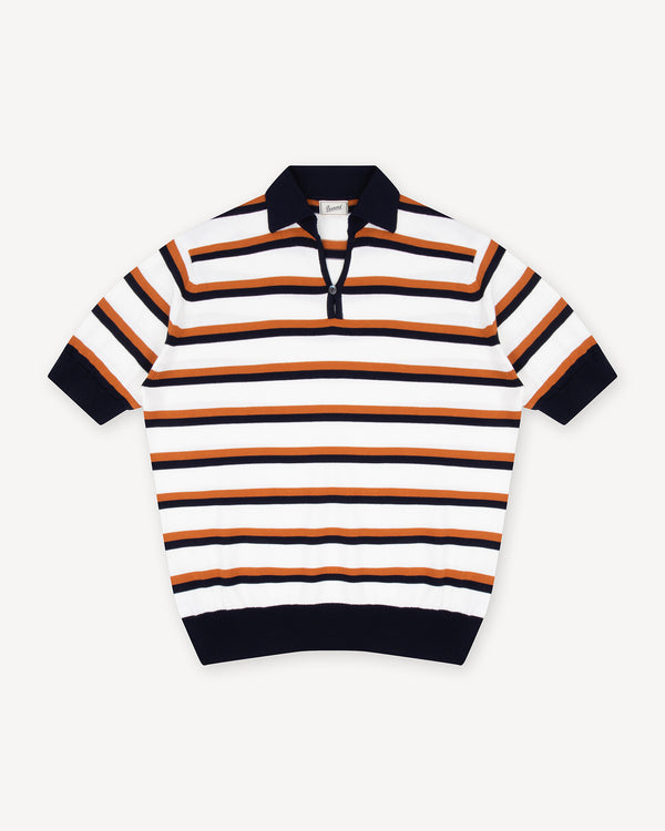 White Caramel and Navy Striped Cotton Skipper Polo