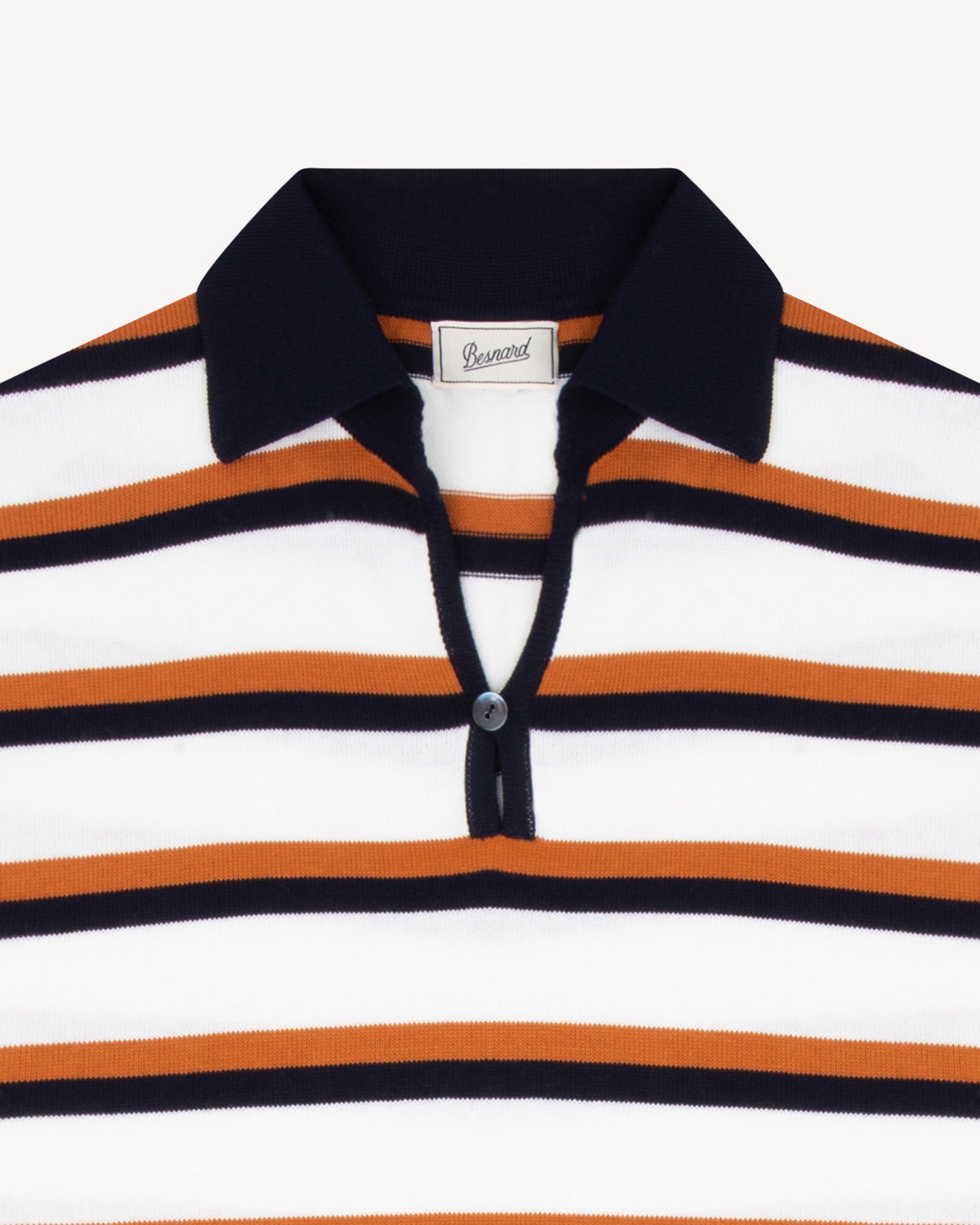 White, Caramel and Navy Striped Cotton Skipper Polo | Besnard