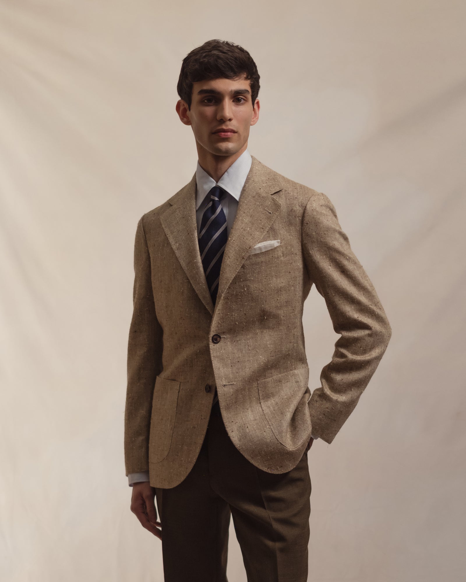 Beige Herringbone Silk Linen Sport Coat