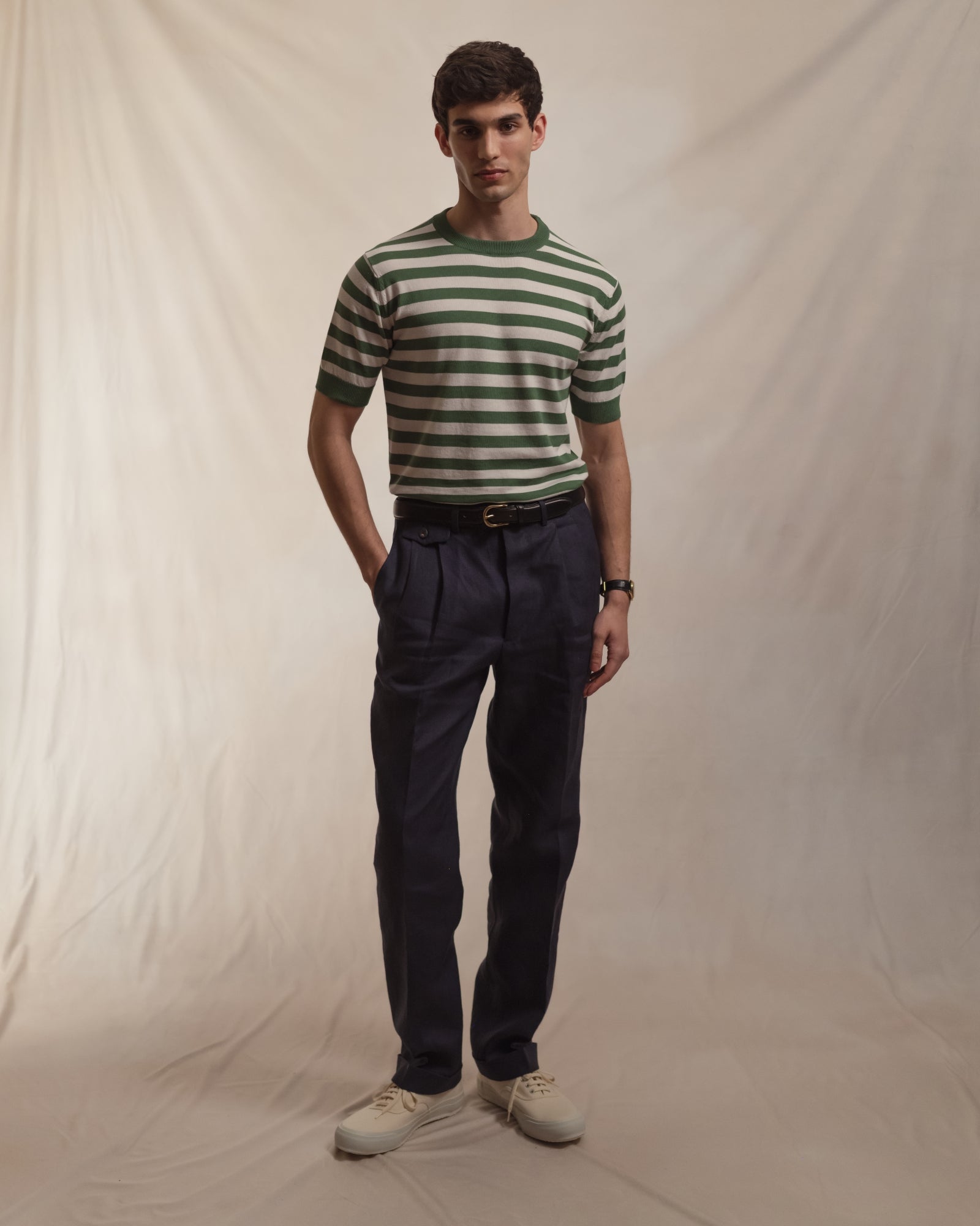 Navy Double Pleat Linen Trousers