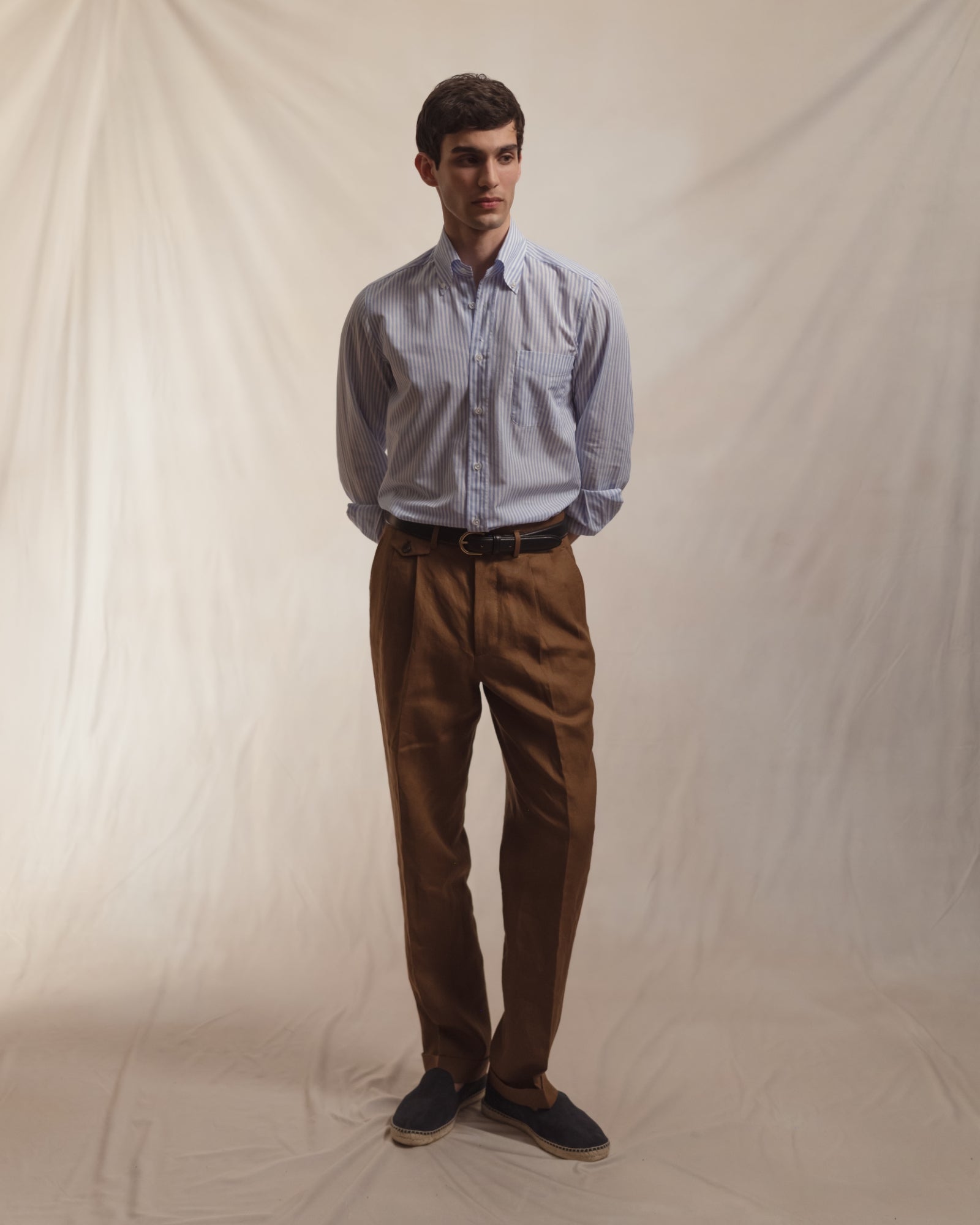 Dark Tan Double Pleat Linen Trousers