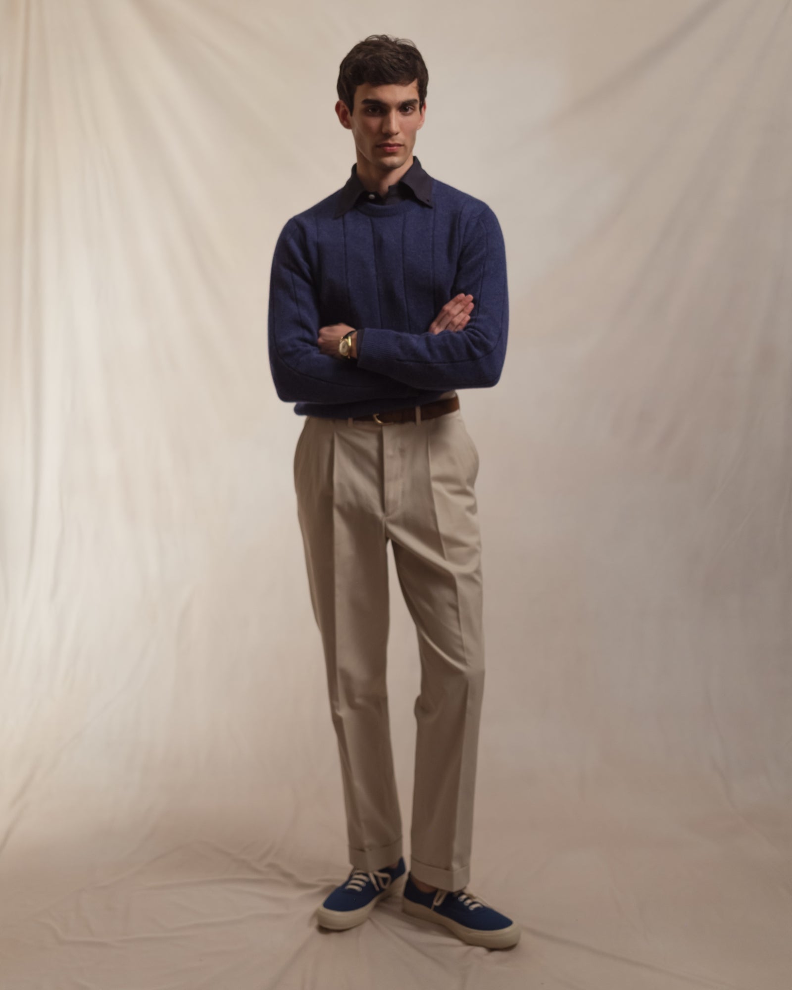 Dark Blue Cashmere Cotton Wide Rib Crew Neck