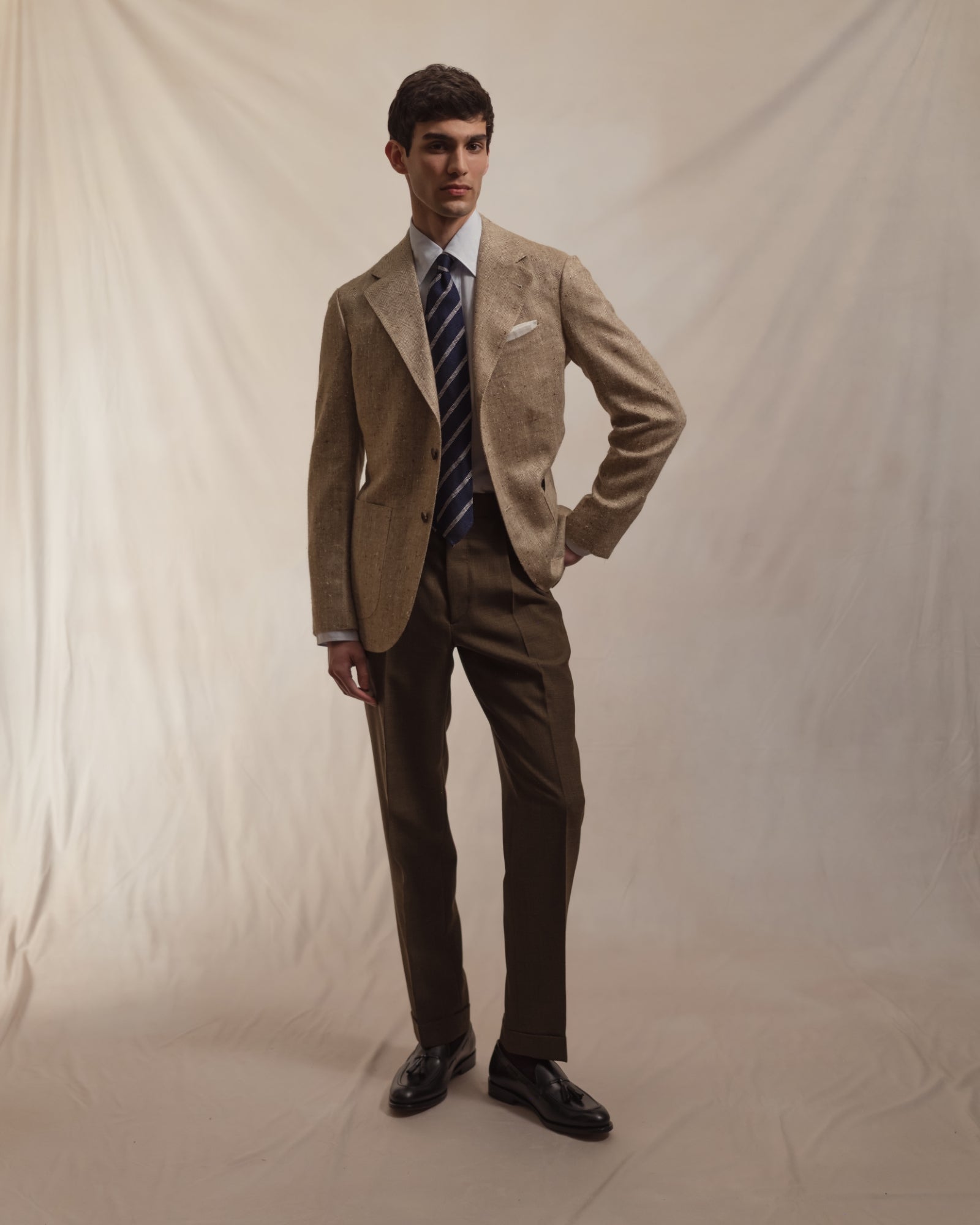 Olive Brown Single Pleat Tropical Wool Trousers