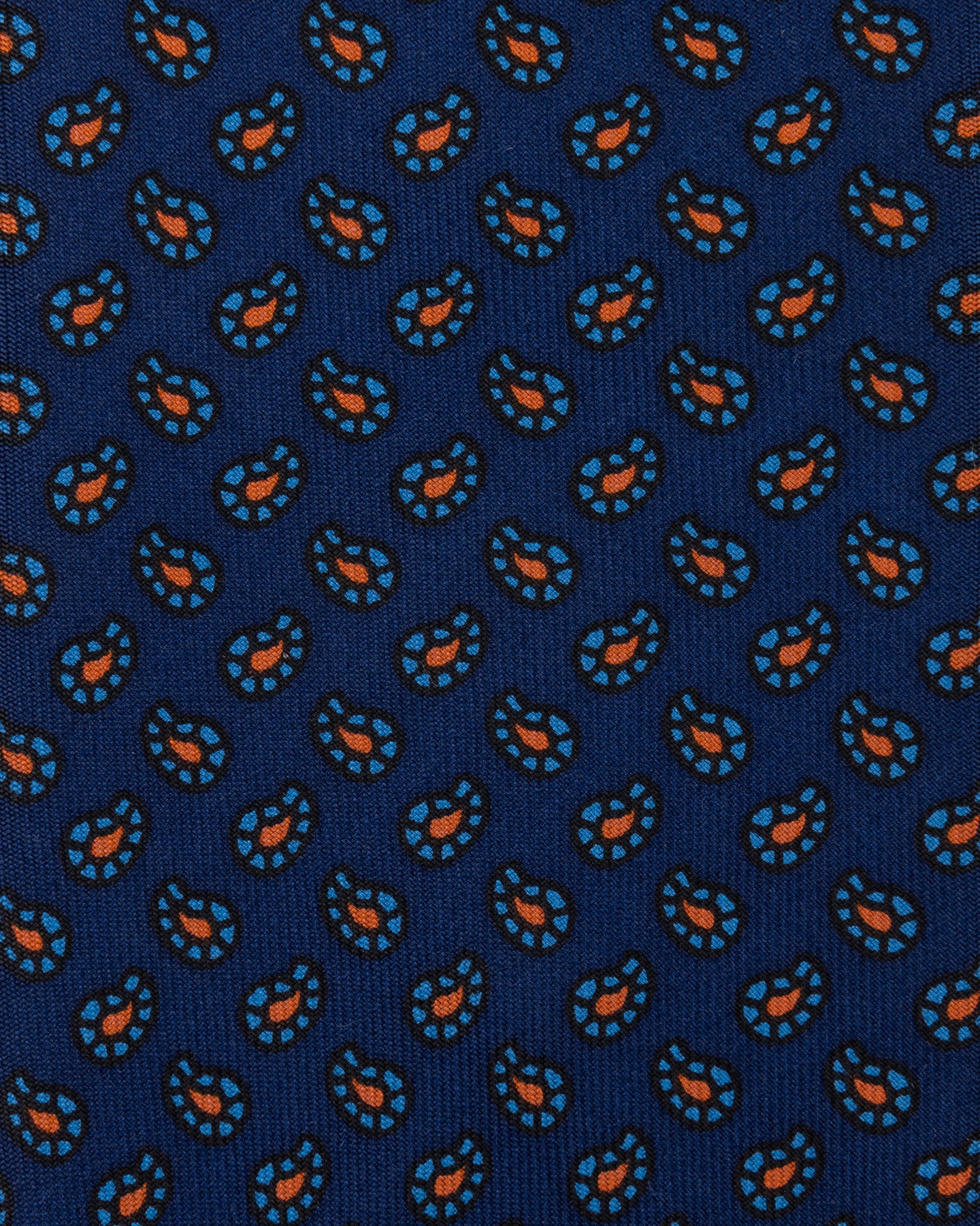 Dark blue Ancient Madder tie with small paisley pattern in light blue and orange