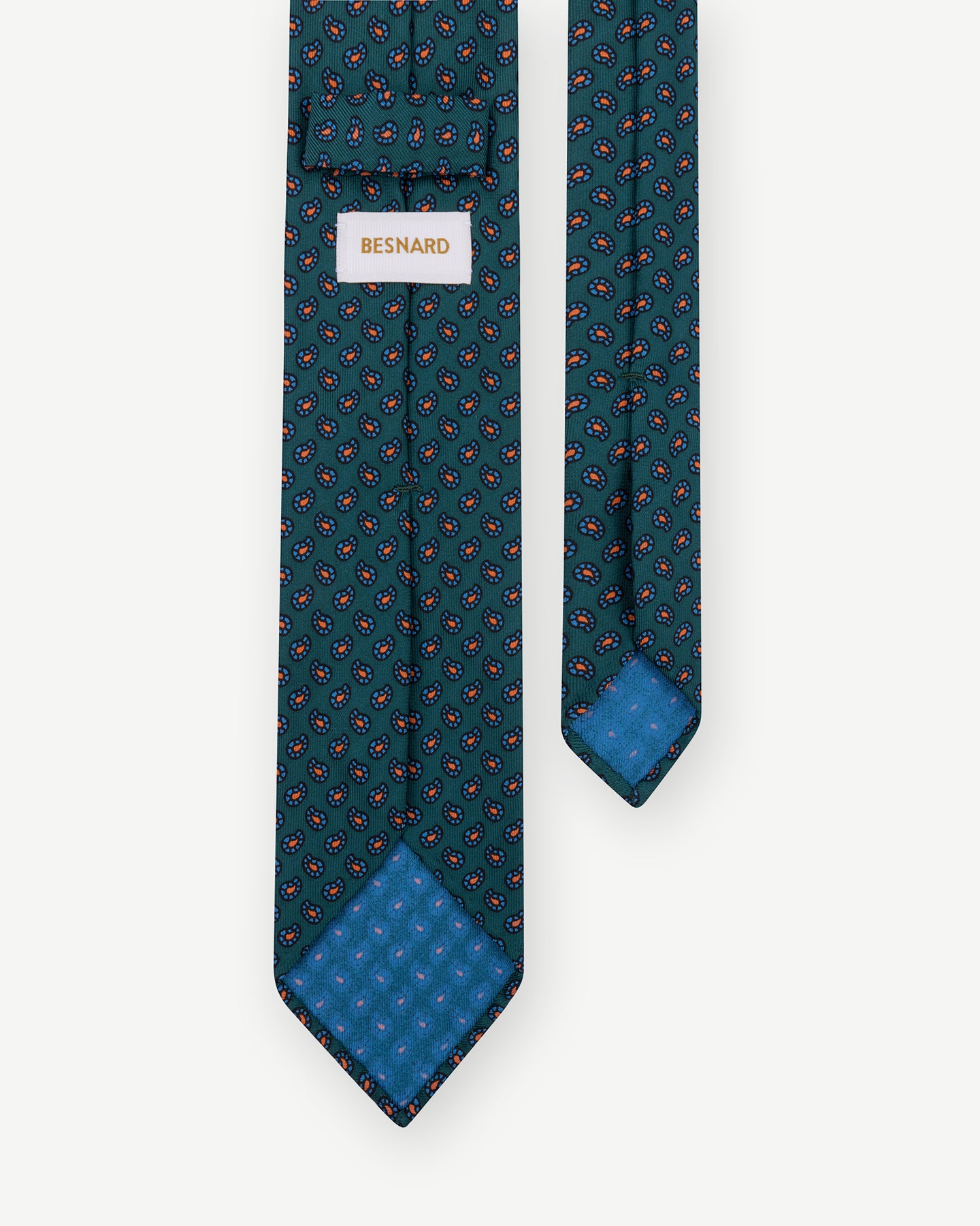 Green Ancient Madder tie with small paisley pattern with handrolled blades