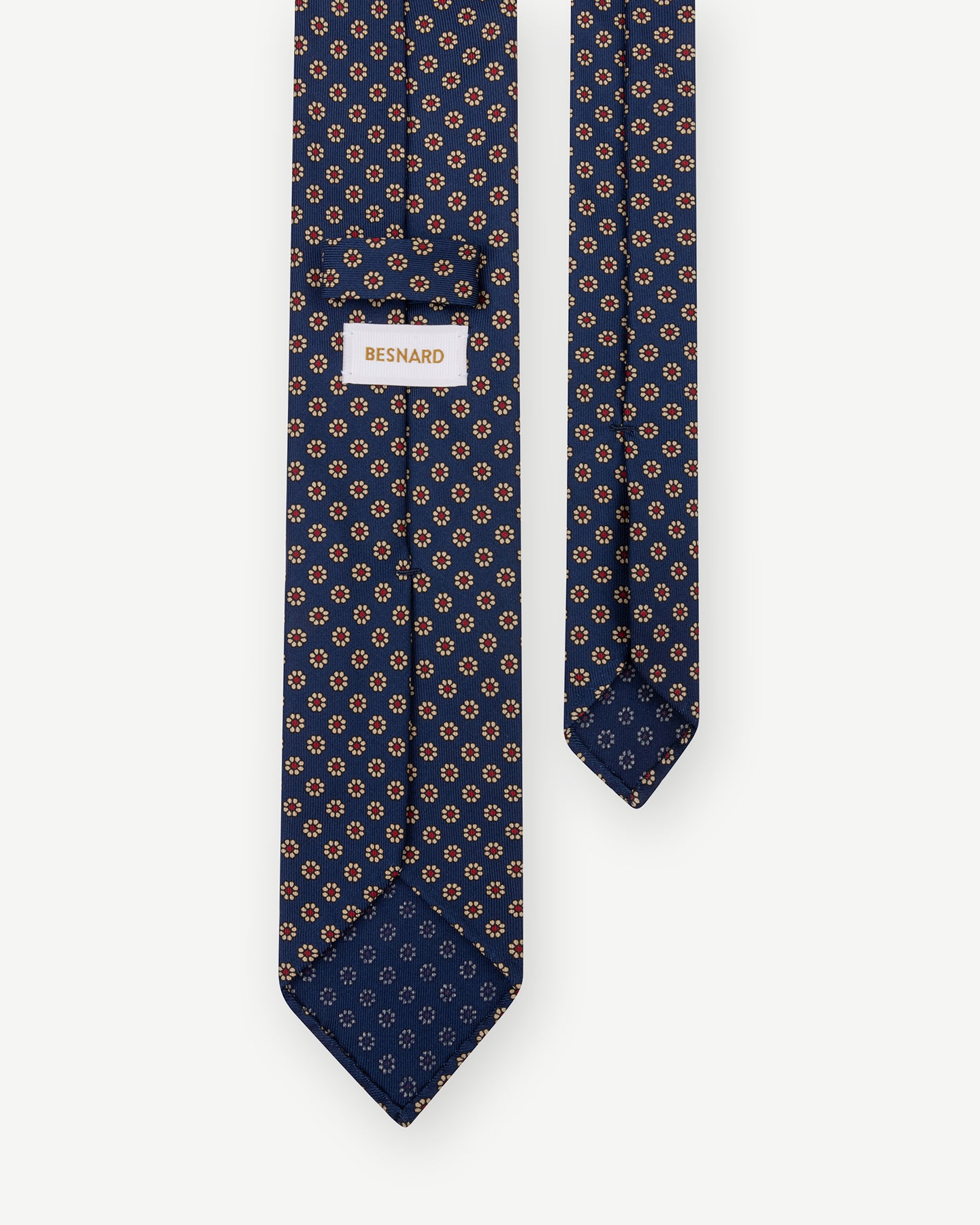 Navy Ancient Madder tie with floral pattern with handmade blades