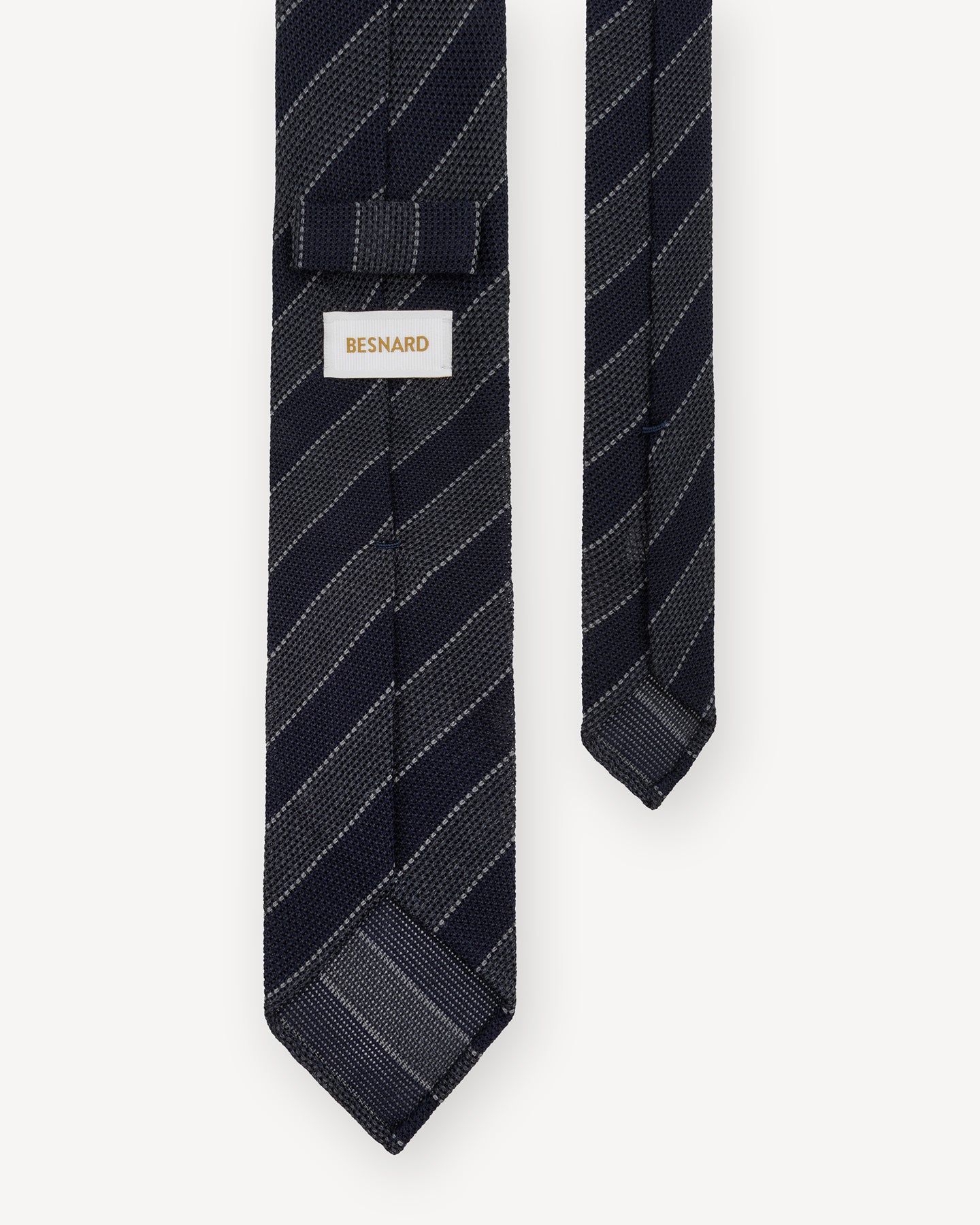 Back of navy and grey grenadine tie with Besnard keeper loop