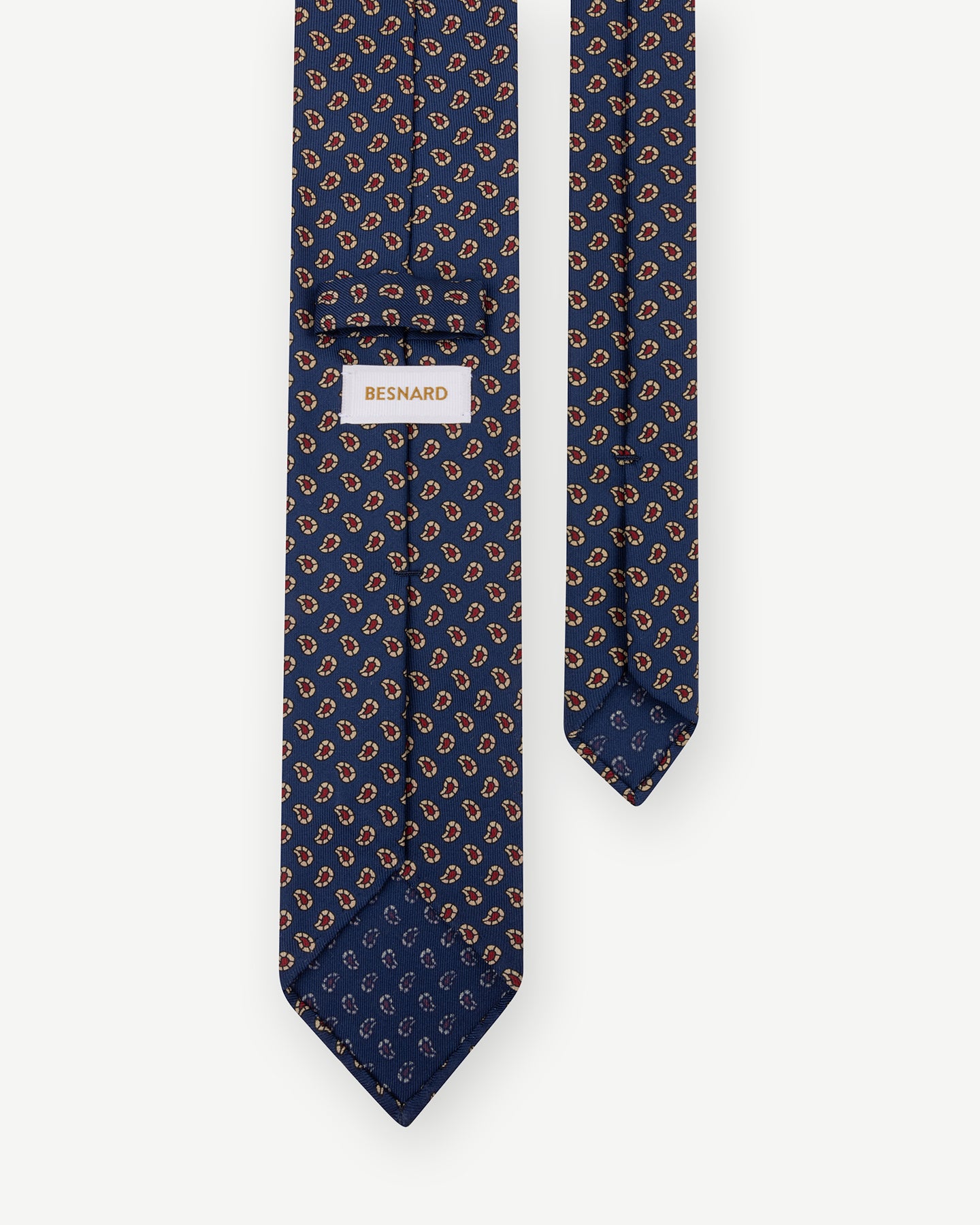 Navy Ancient Madder tie with small paisley pattern with handmade blades