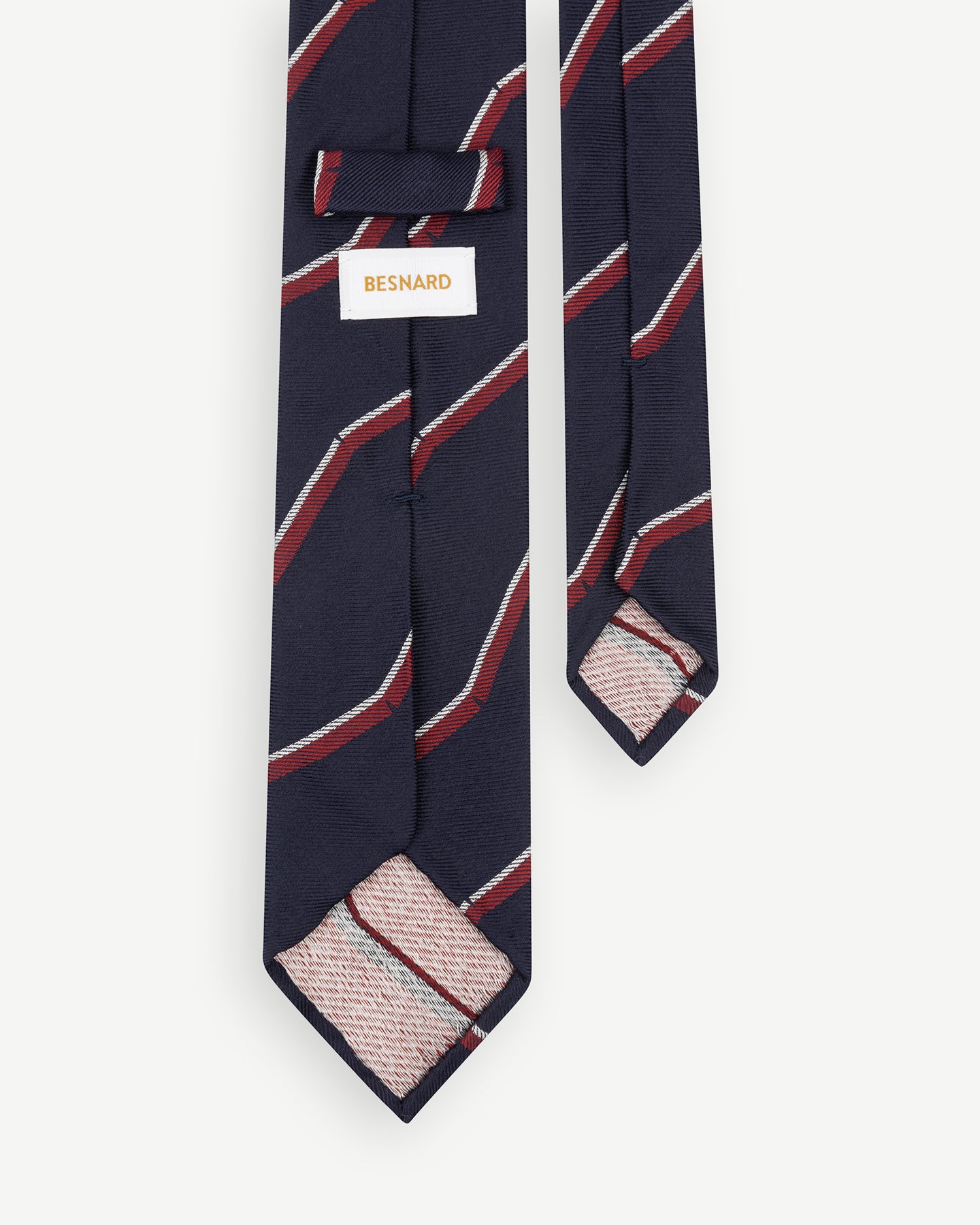 Navy Red and White Broken Regimental Stripe Tie with handrolled edges