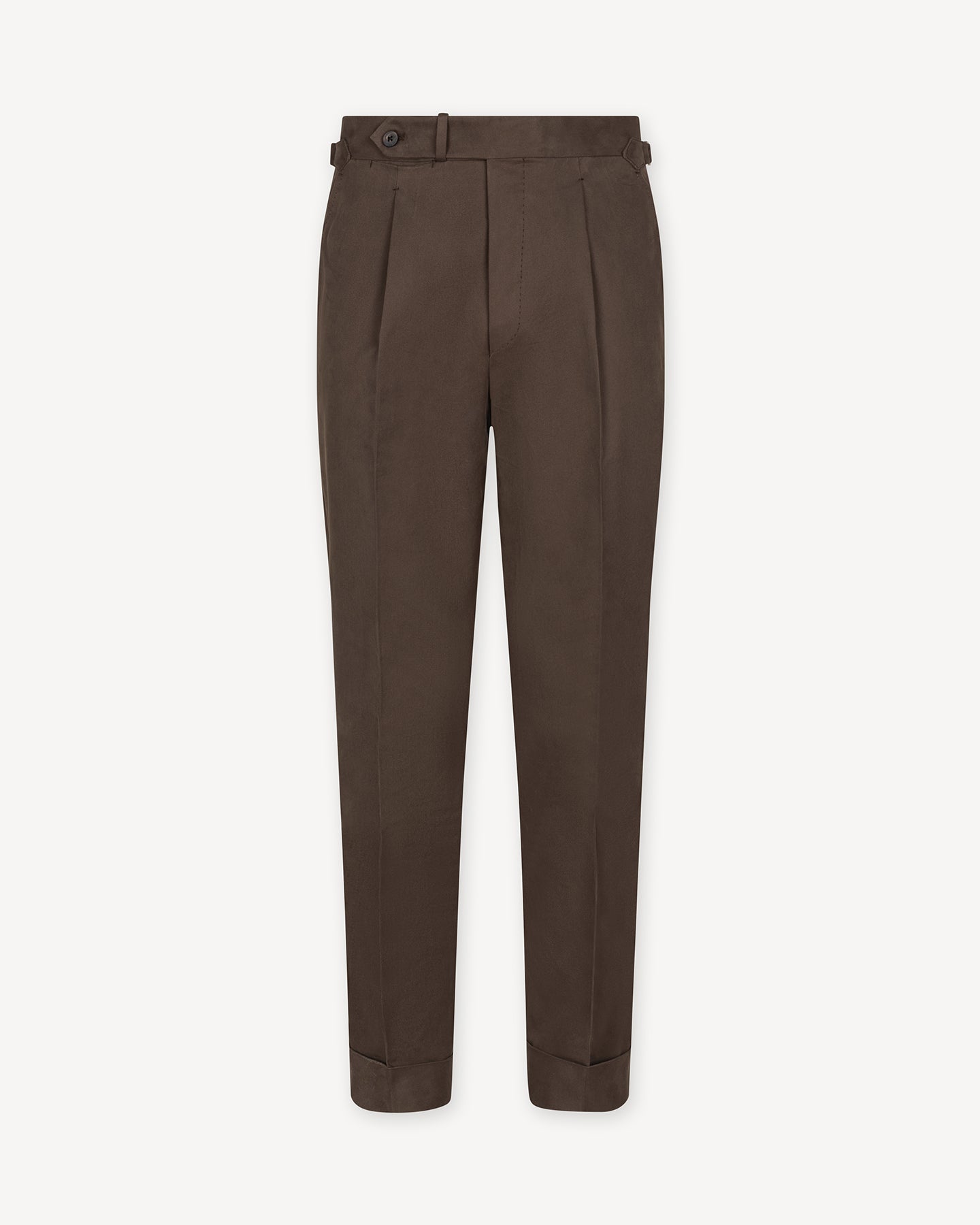 Tobacco cotton trousers with single pleats and side adjusters