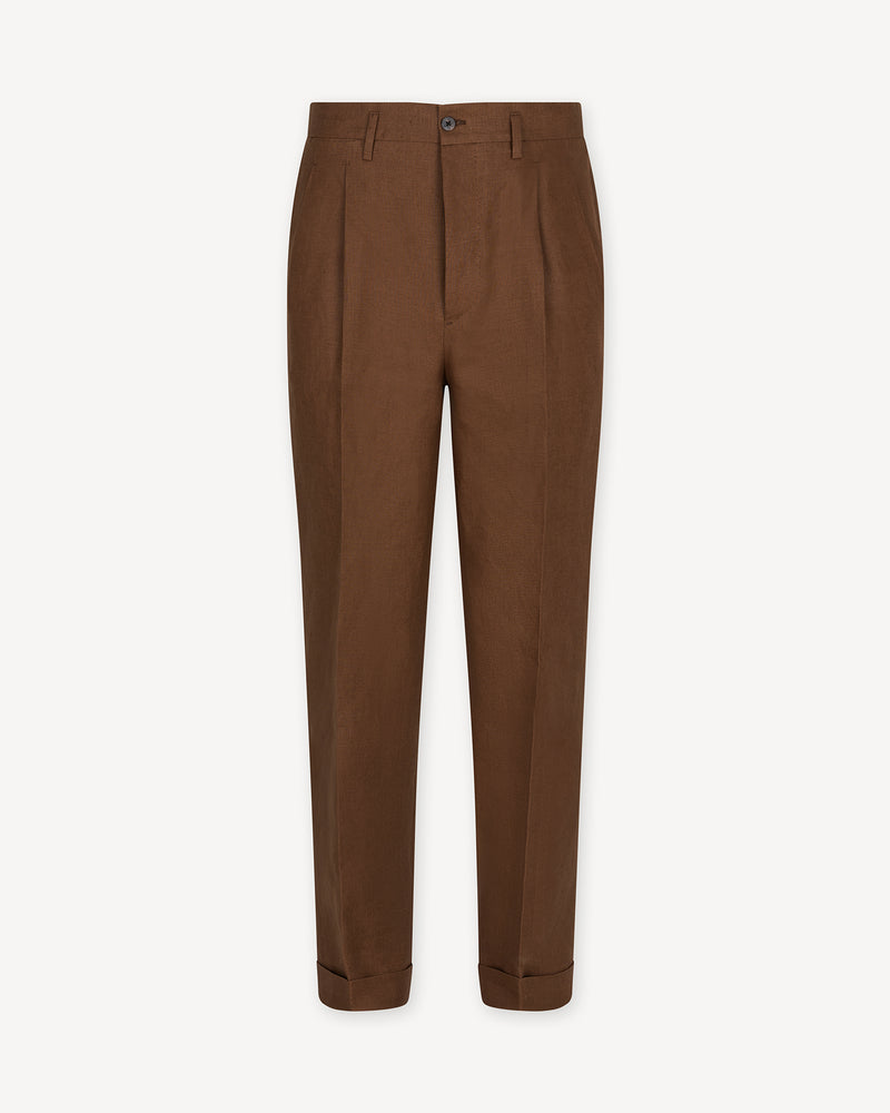 Tobacco Double Pleat Linen Trousers