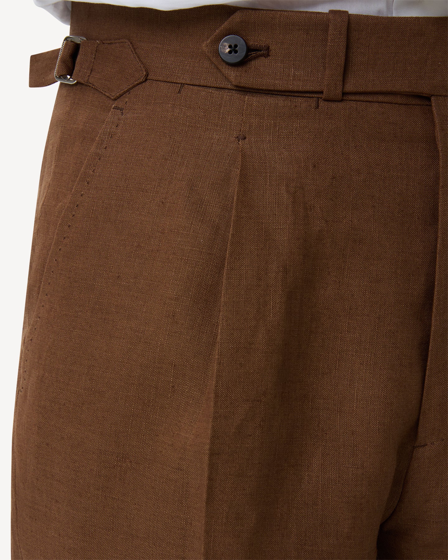 Dark tan linen trousers with extended waistband
