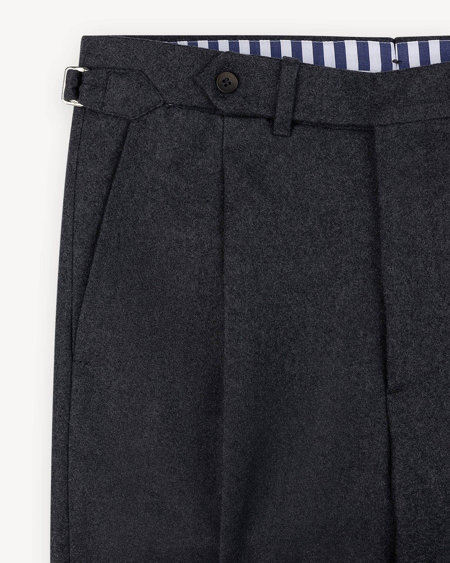 Dark Grey Flannel Trousers with Single Pleats and Side Adjusters