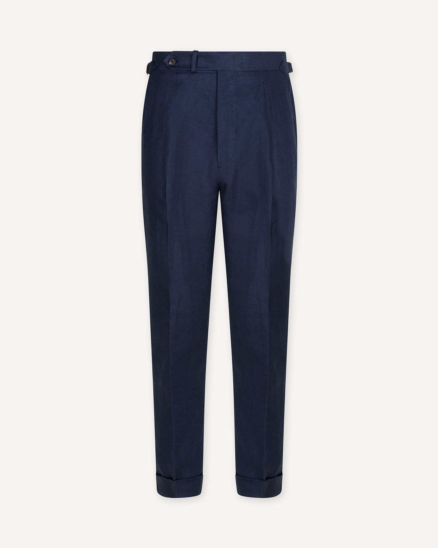 Navy linen trousers with single pleats and side adjusters