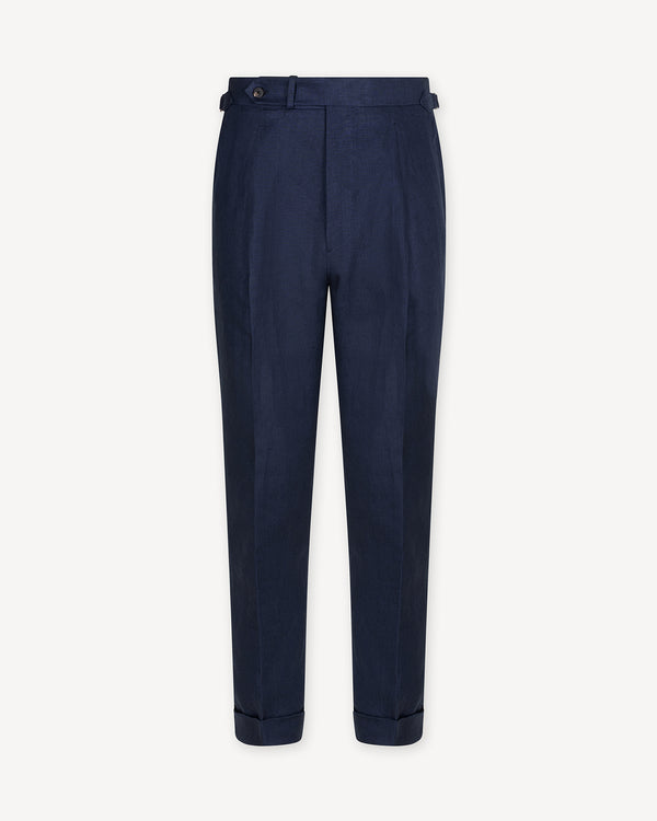 Navy Single Pleat Linen Trousers