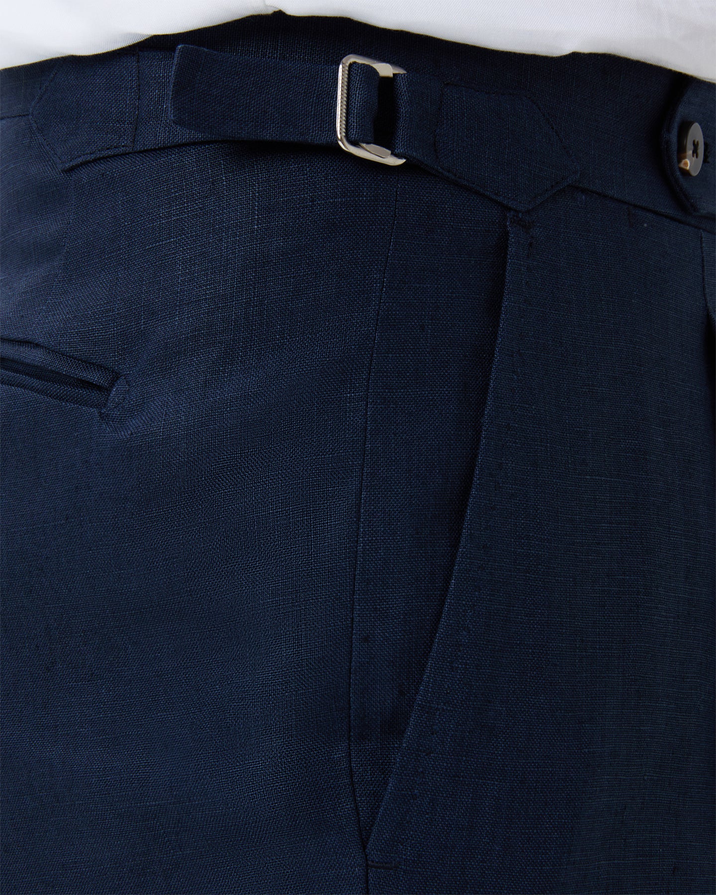 Navy linen trousers with side adjusters
