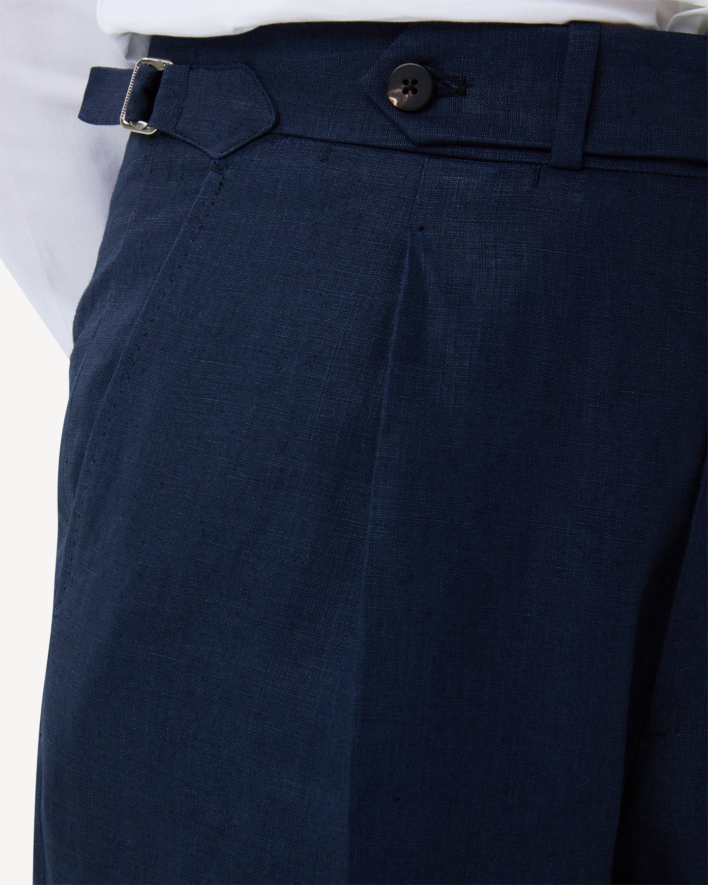Navy linen trousers with extended waistband