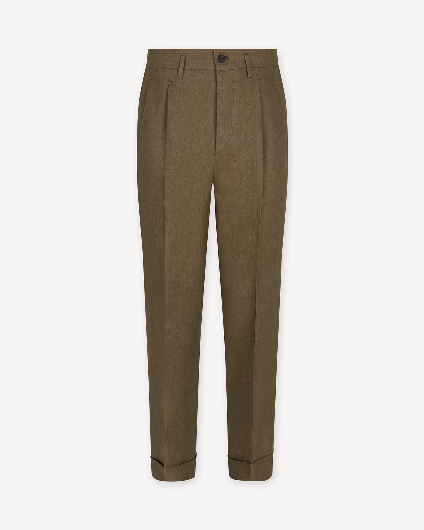 Olive Brown Double Pleat Linen Trousers