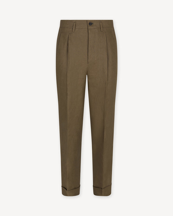 Olive Brown Double Pleat Linen Trousers