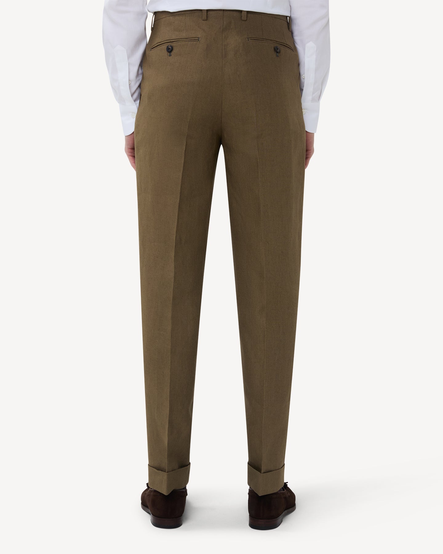 The back of olive brown linen trousers with double pleats and belt loops