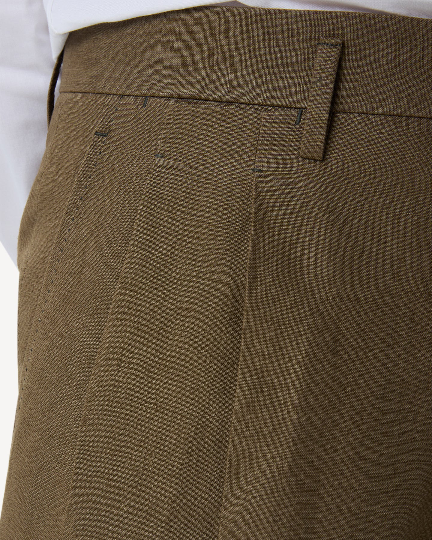 Olive brown linen trousers with dropped belt loop