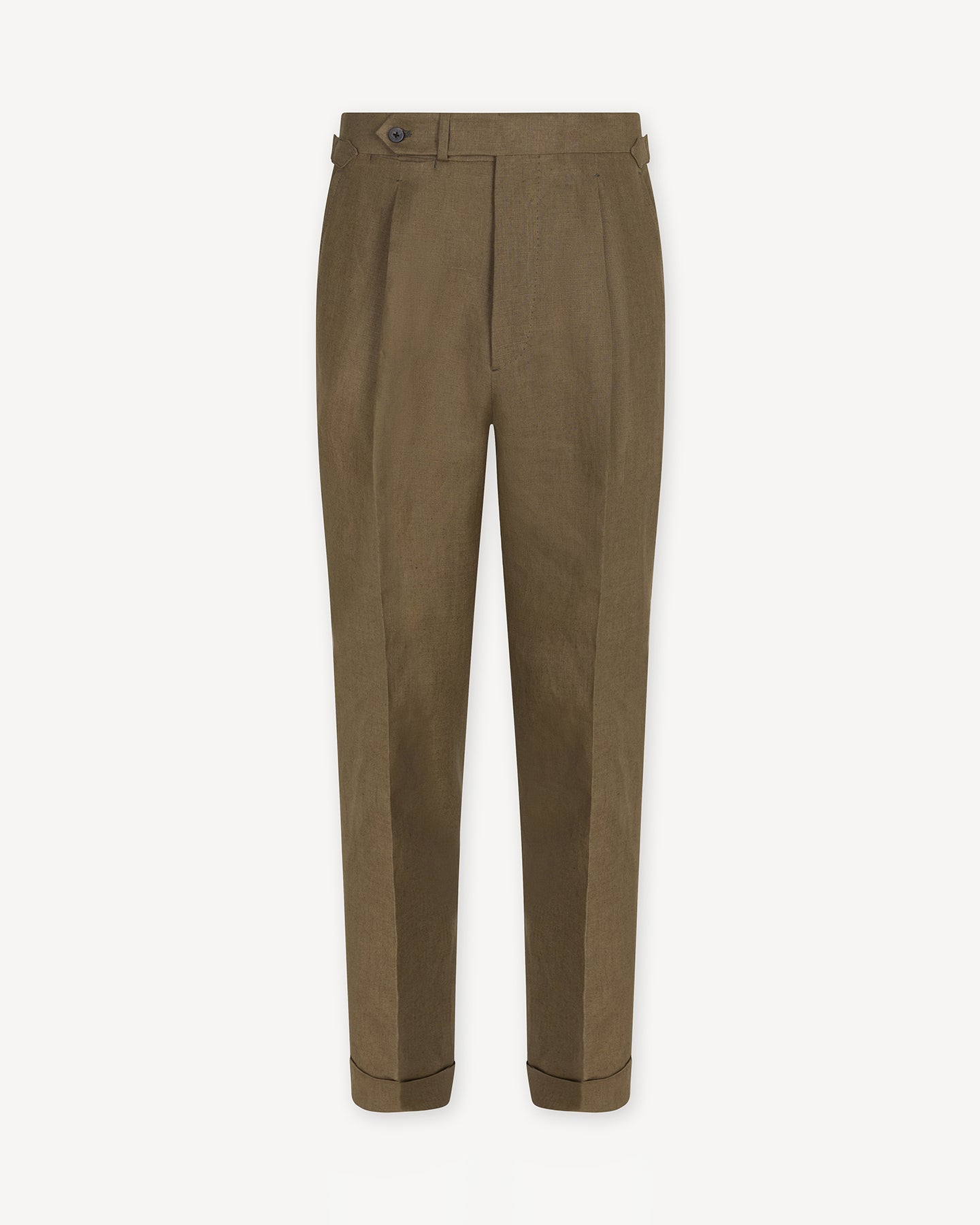 Olive Brown Single Pleat Linen Trousers