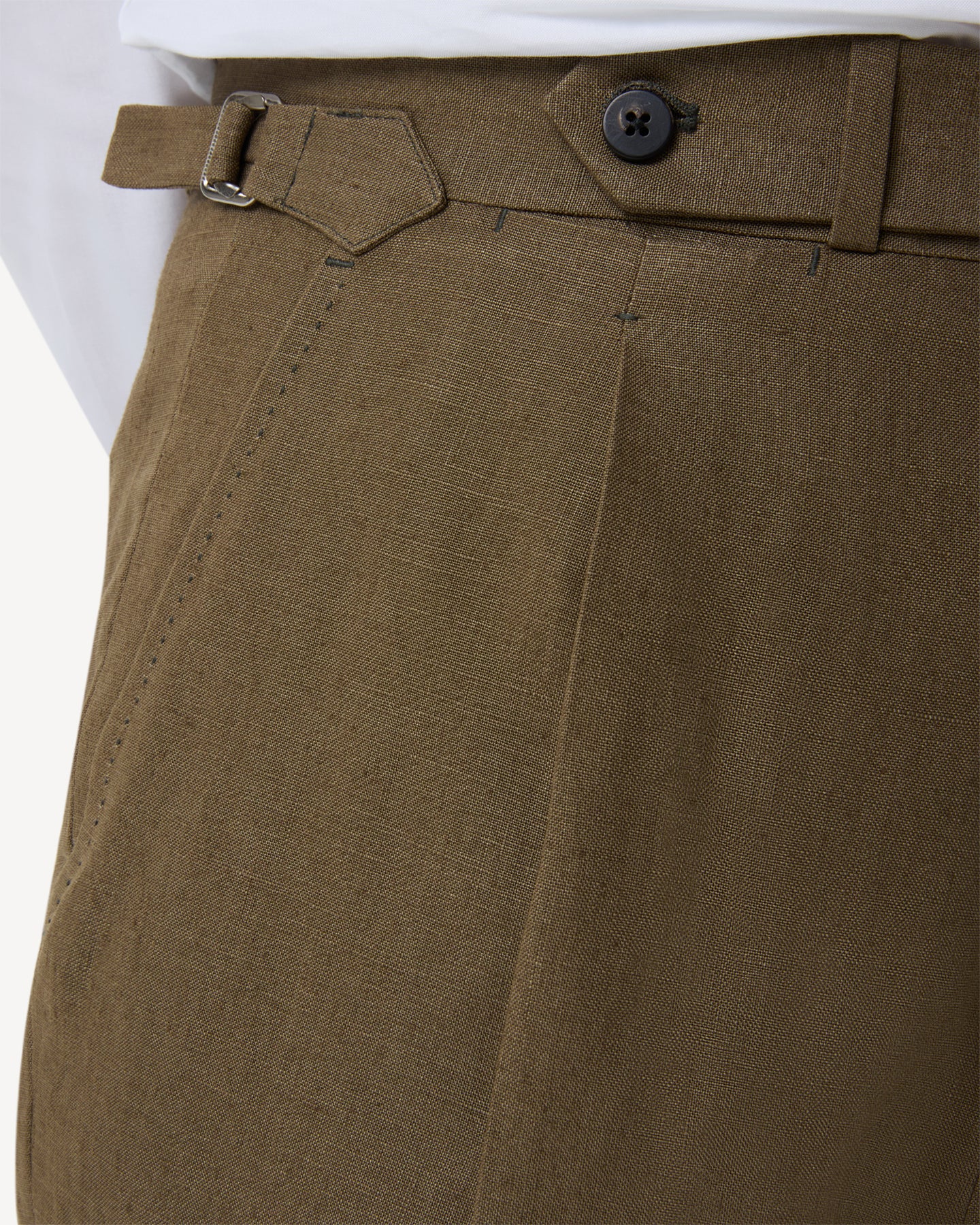 Olive brown linen trousers with extended waistband