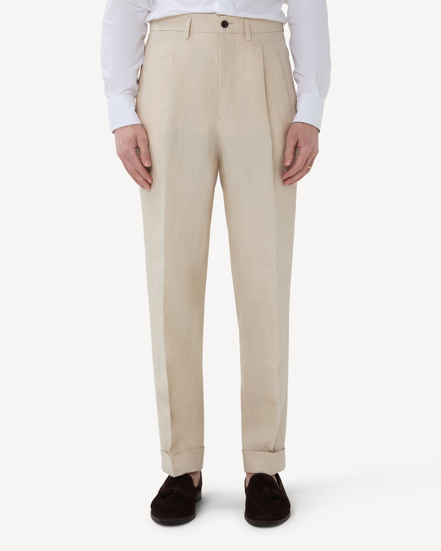 The front of stone linen trousers with double pleats and belt loops