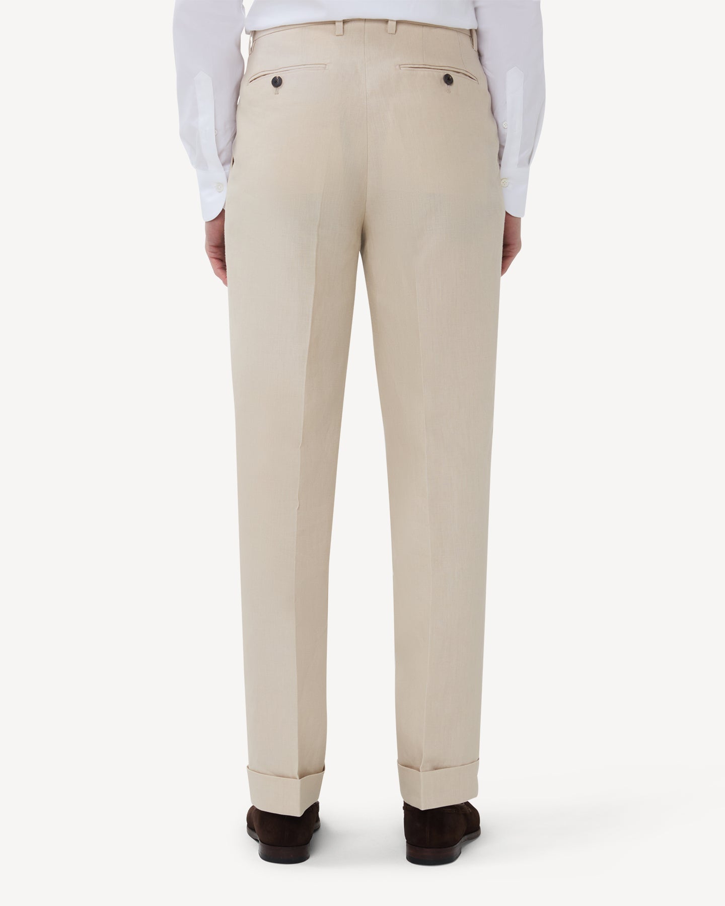The back of stone linen trousers with double pleats and belt loops