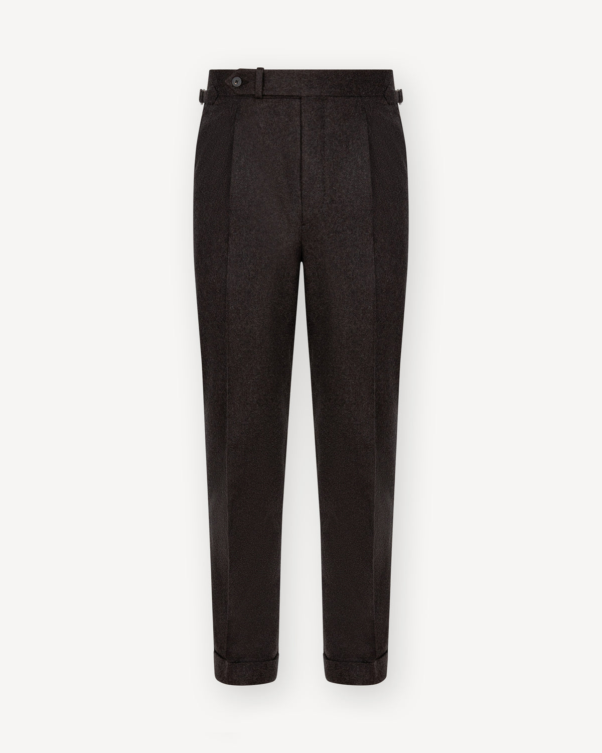Dark brown flannel trousers with single pleats and side adjusters