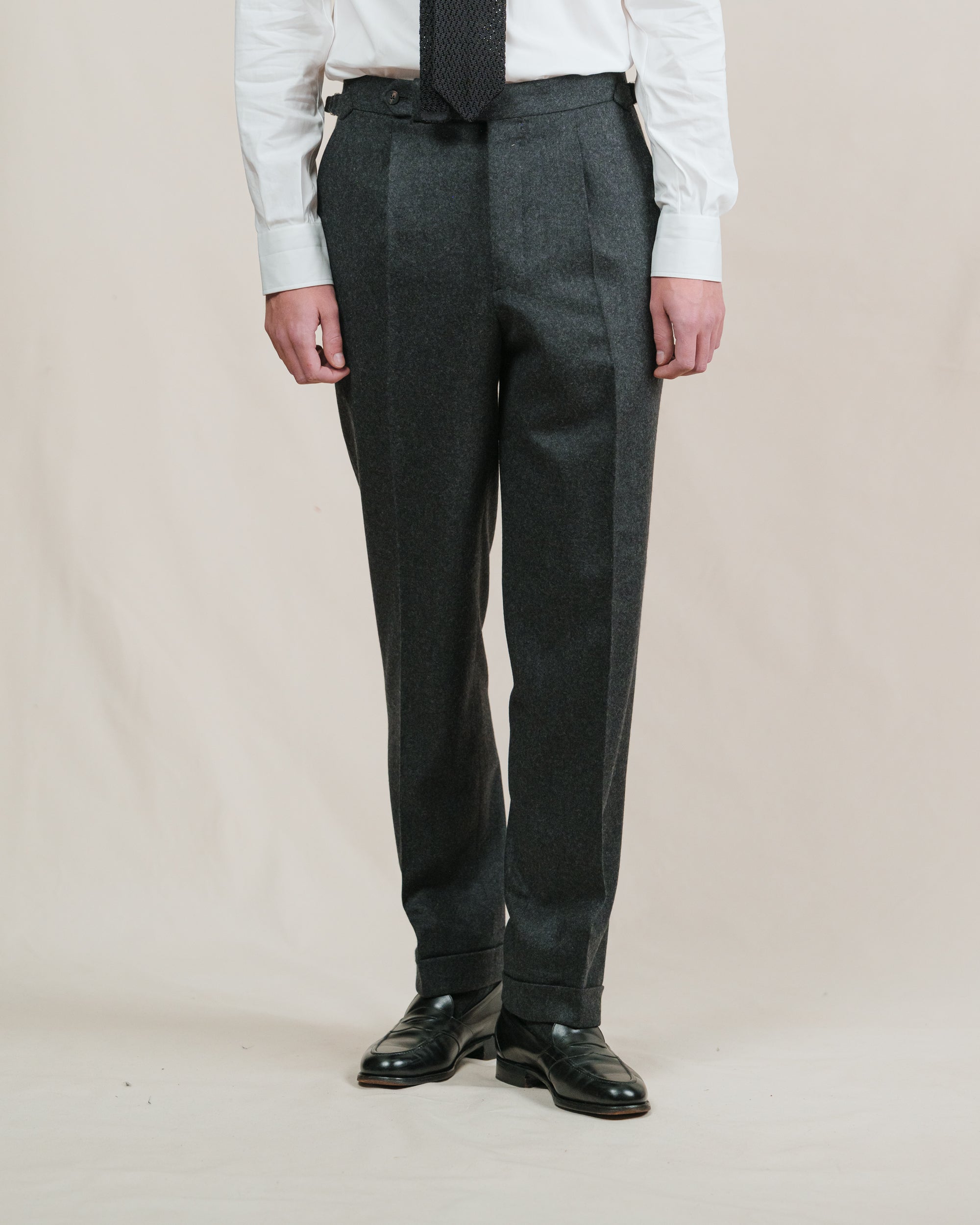 Charcoal Flannel Trousers | Single Pleat with Side Adjusters | Besnard