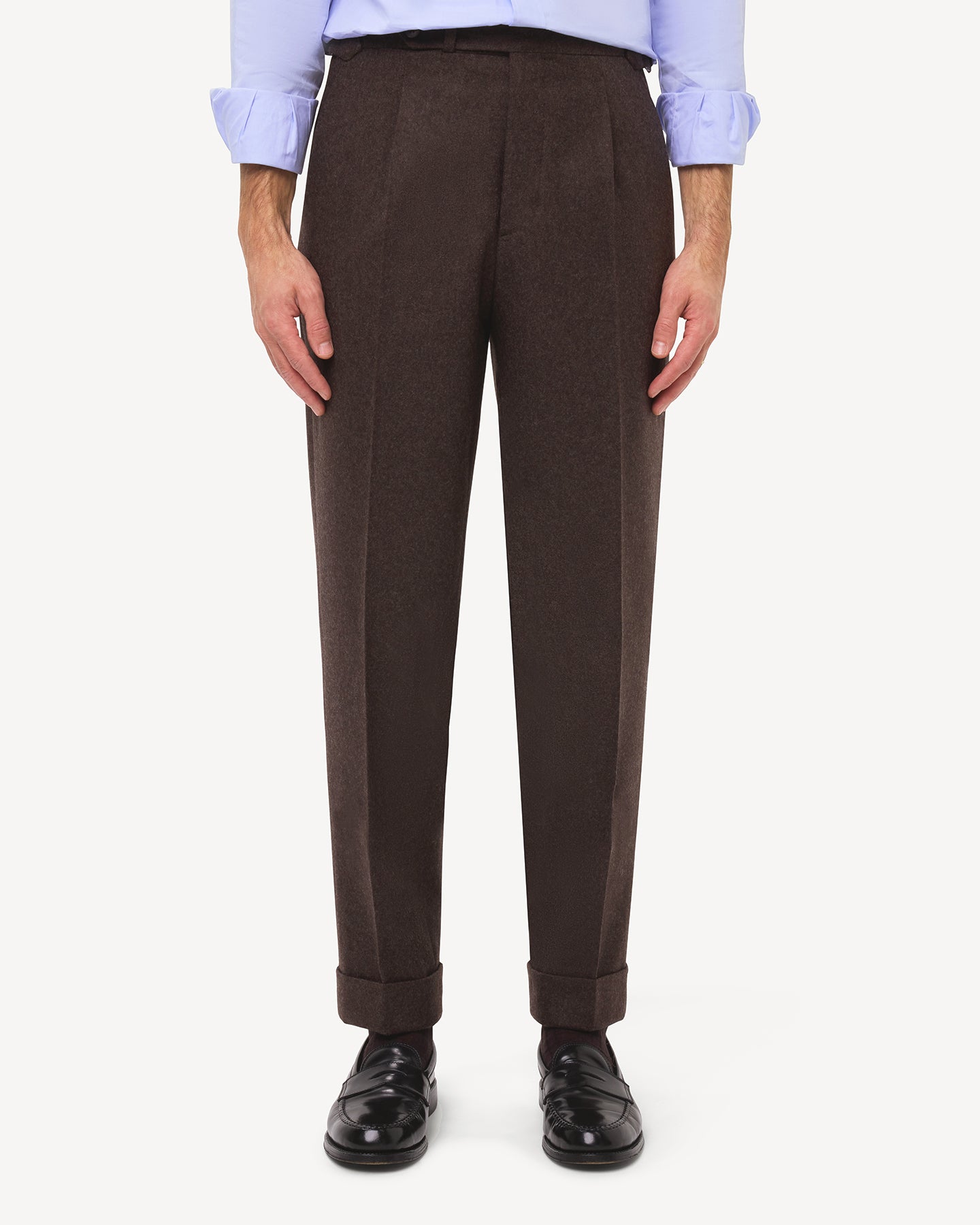 Front view of dark brown flannel trousers