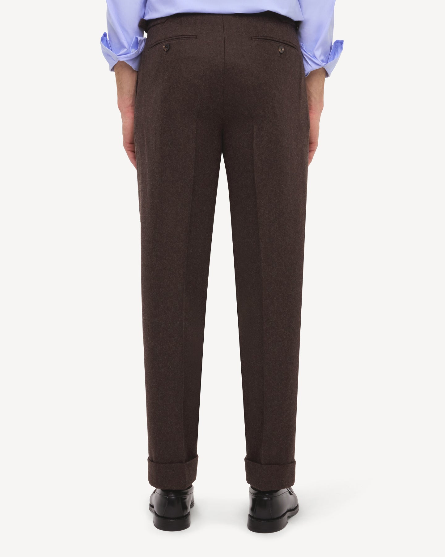 Back view of dark brown flannel trousers