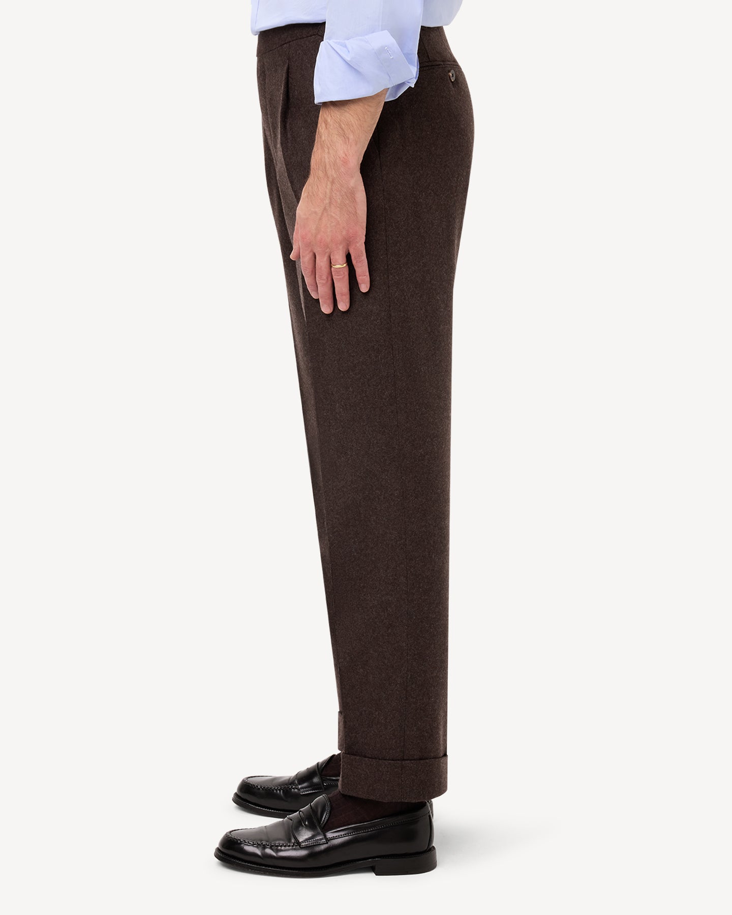 Side view of dark brown flannel trousers