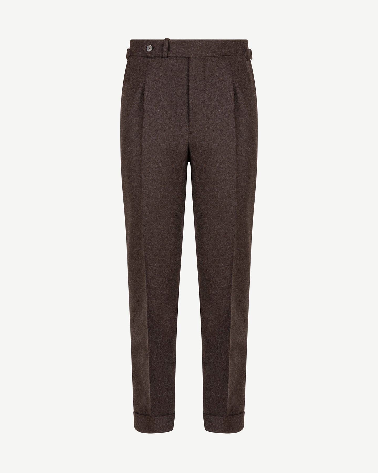 Dark brown flannel twill trousers with single pleats and side adjusters