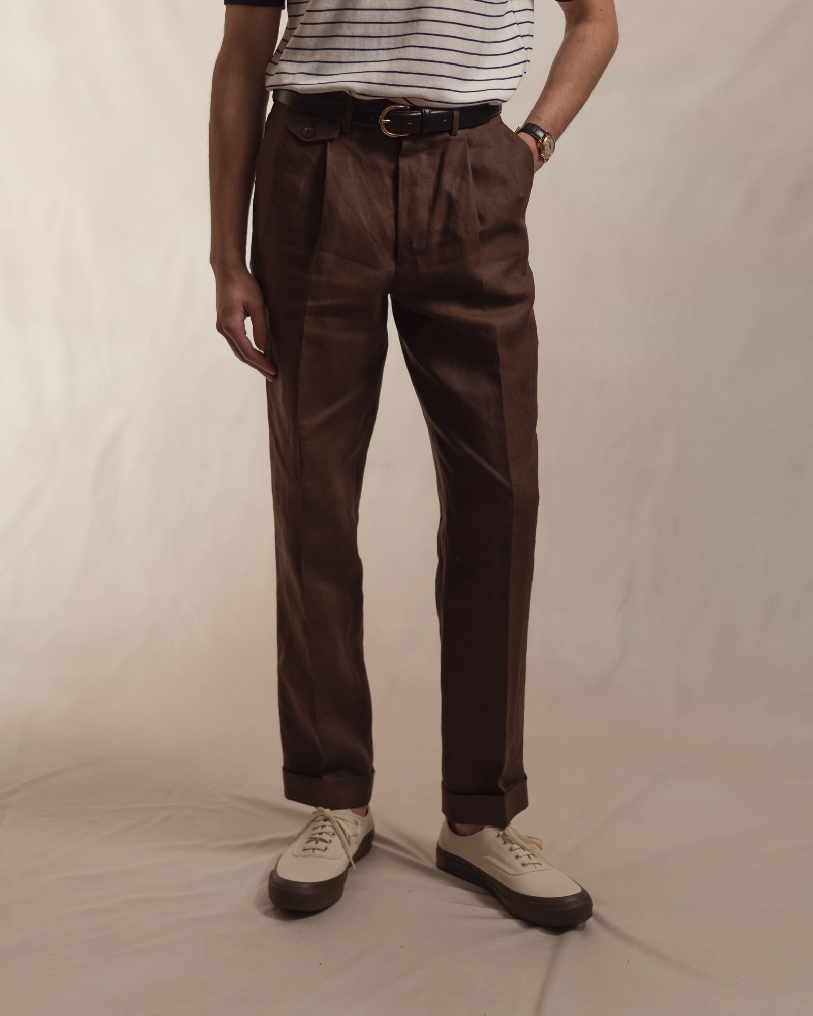 Dark Brown Double Pleat Linen Trousers