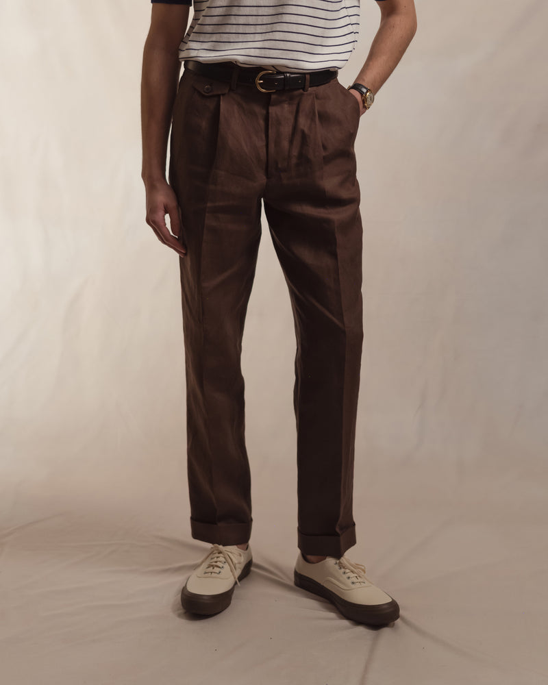 Dark Brown Double Pleat Linen Trousers