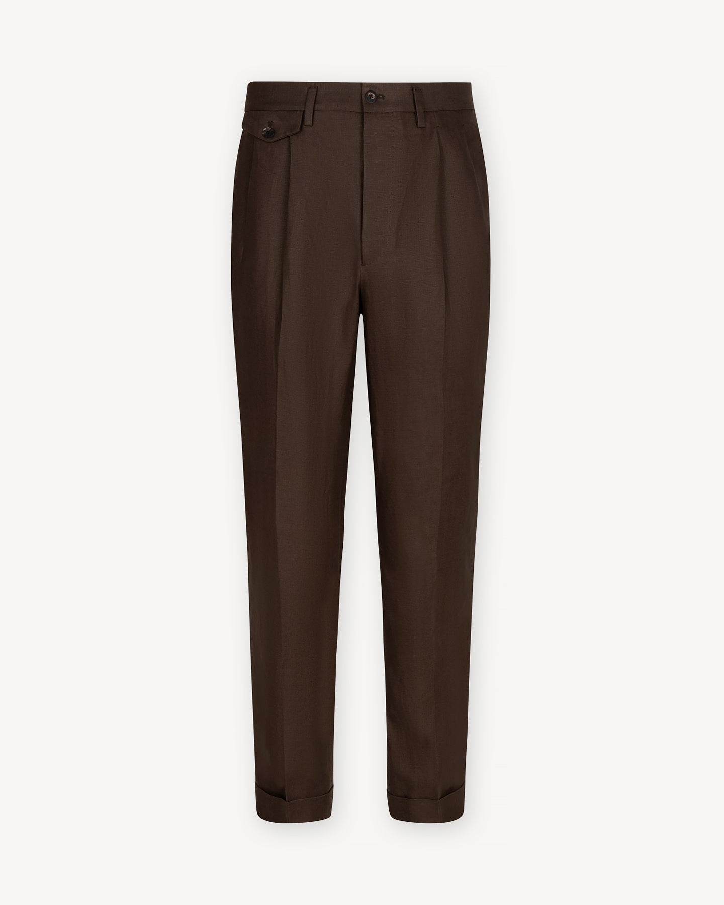 Dark Brown Irish Linen Trousers with Double Pleats and Belt Loops