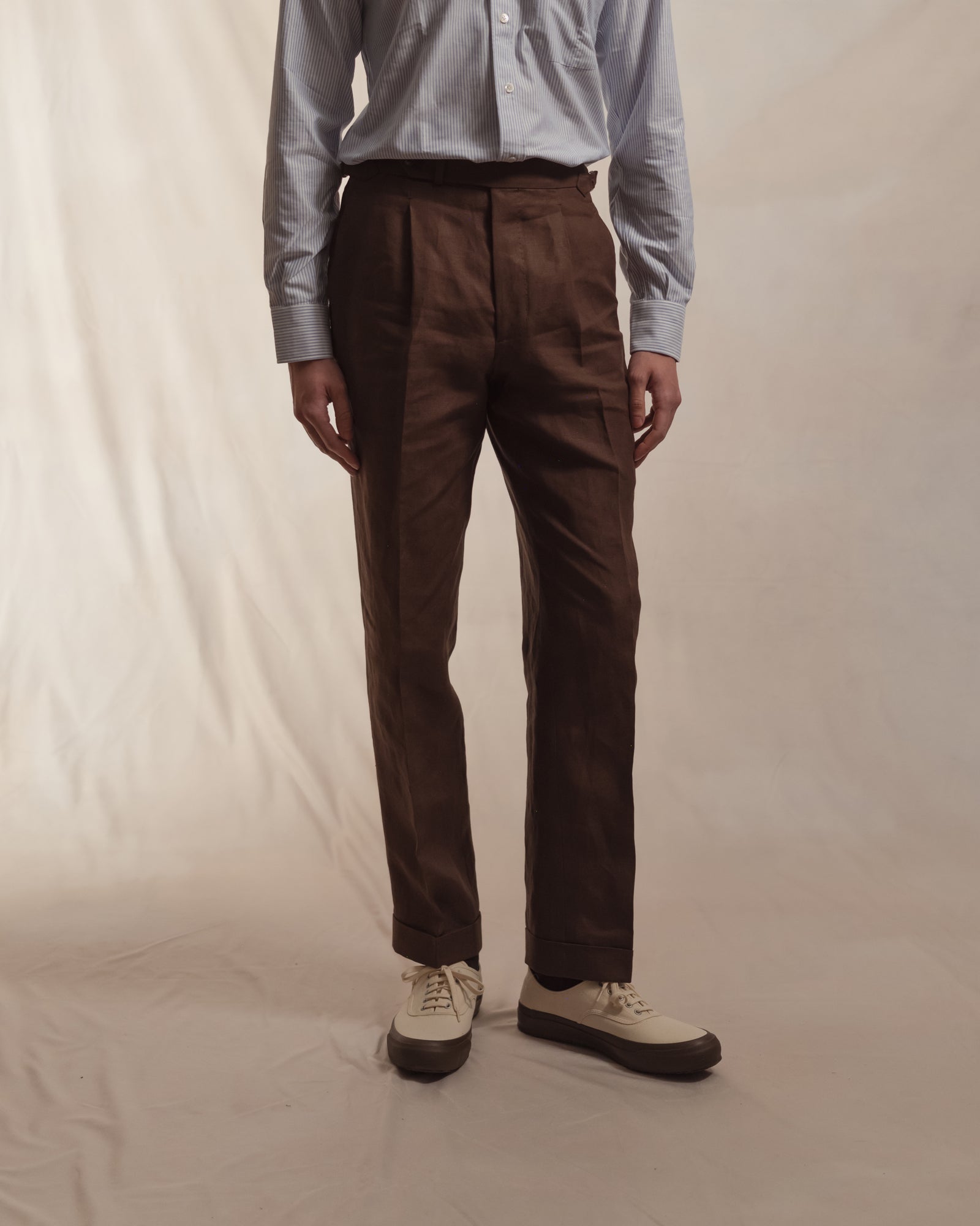Dark Brown Linen Trousers | Single Pleat with Side Adjusters