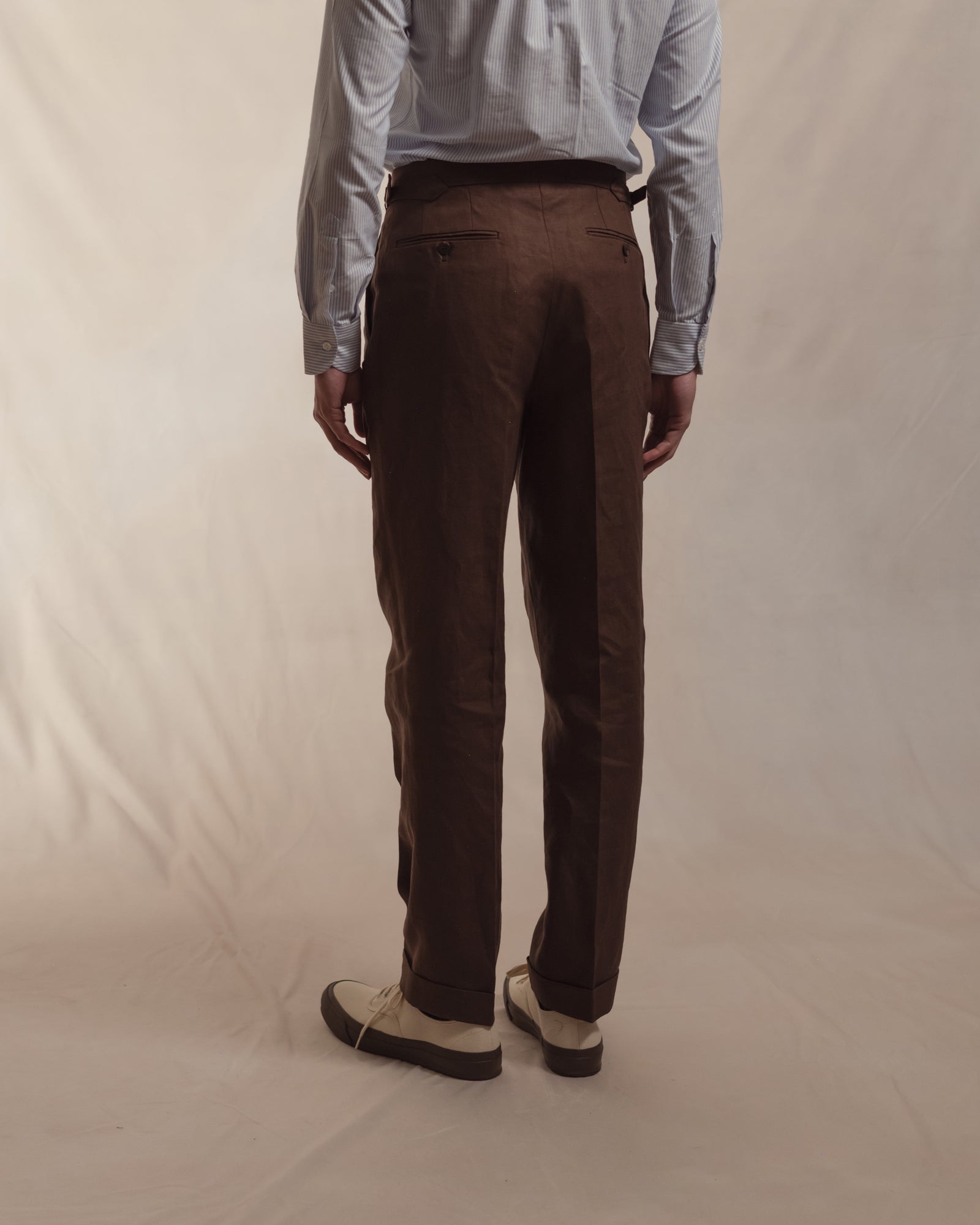 Dark Brown Linen Trousers | Single Pleat with Side Adjusters | Besnard Dark Brown Linen Trousers | Single Pleat with Side Adjusters | Besnard